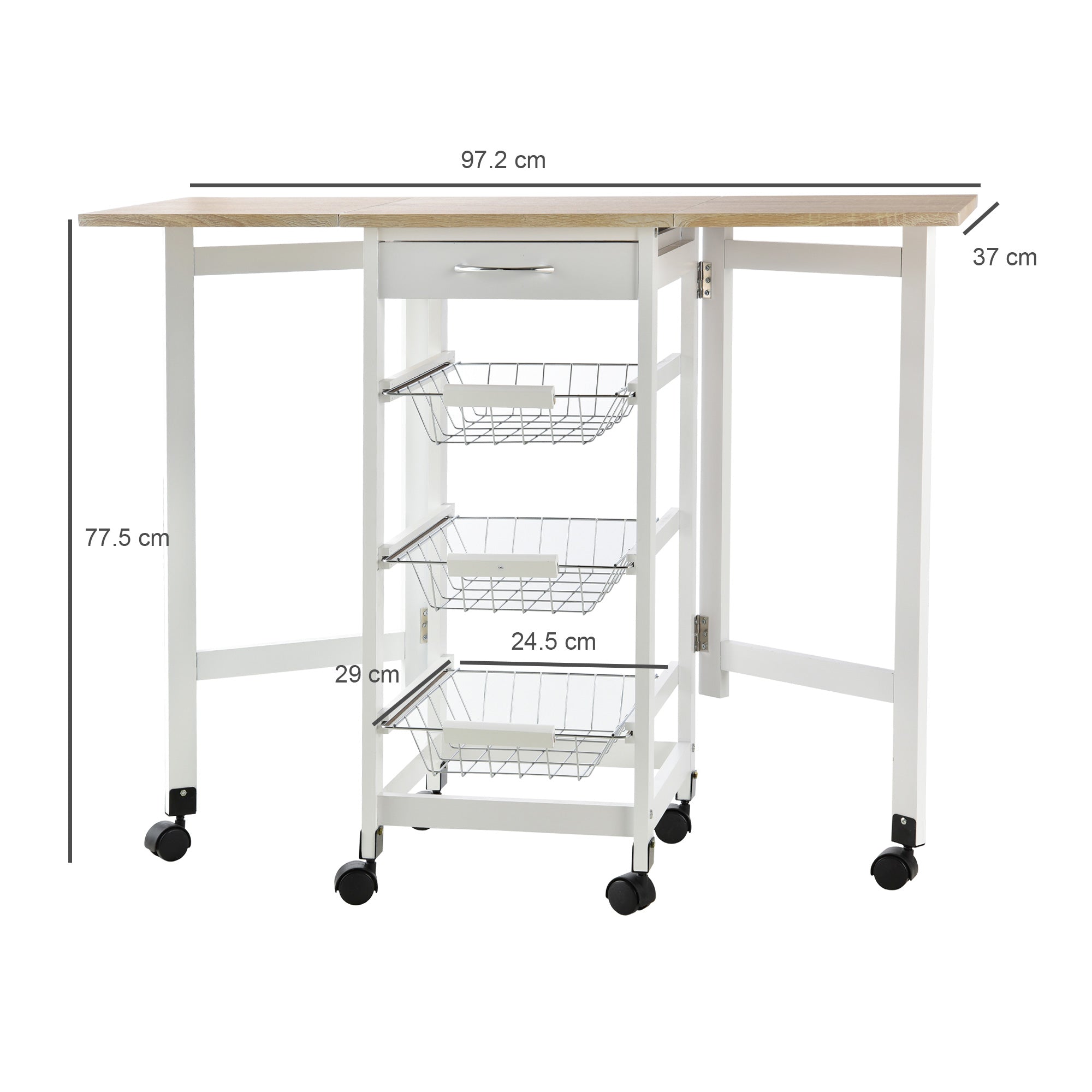 HOMCOM Drop-Leaf Kitchen Cart Trolley w/ 3 Baskets Drawer Surface Top 6 Universal Wheels Rolling Storage Unit Kitchen Home Dining Island White Oak Tone - North Peak Garden Furniture