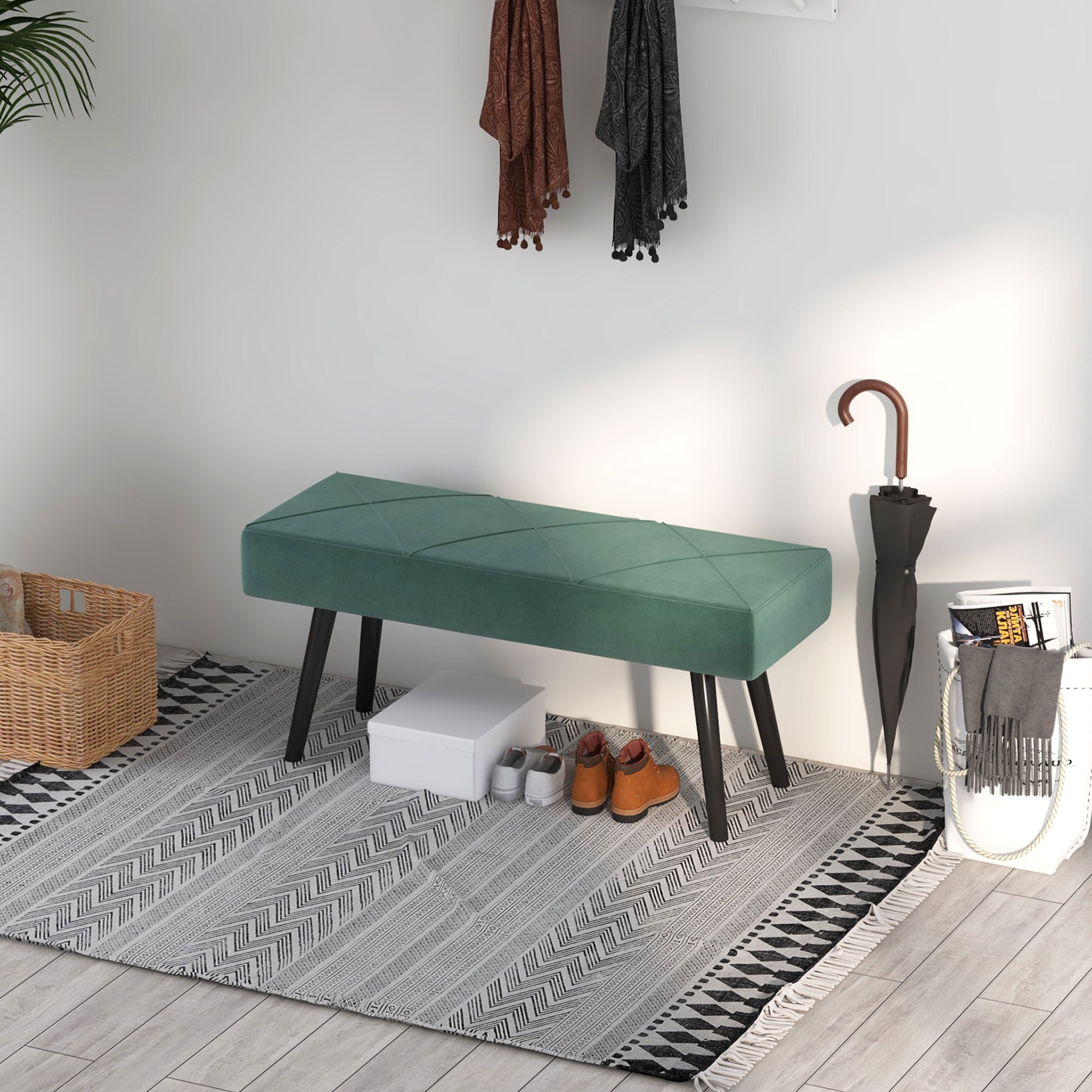 HOMCOM End of Bed Bench with X-Shape Design and Steel Legs, Upholstered Hallway Bench for Bedroom, Green - North Peak Garden Furniture