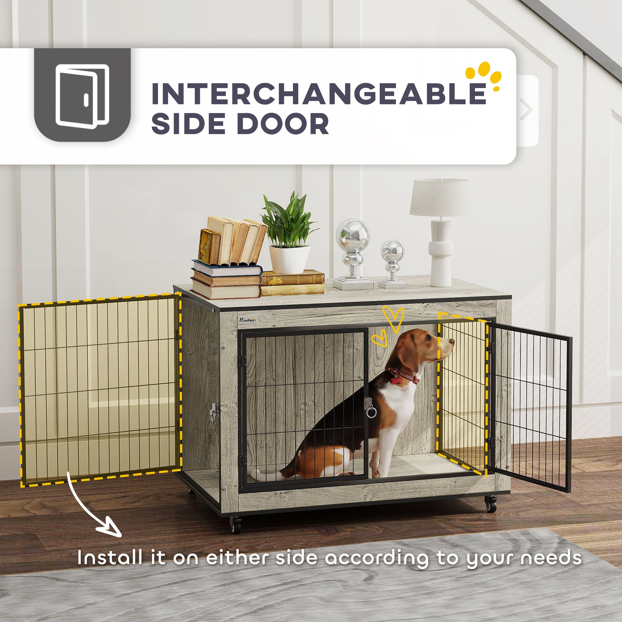 PawHut Dog Crate Furniture with Wheels, Double Doors, for Medium Dogs, 80 x 56 x 62.5cm, Grey - North Peak Garden Furniture