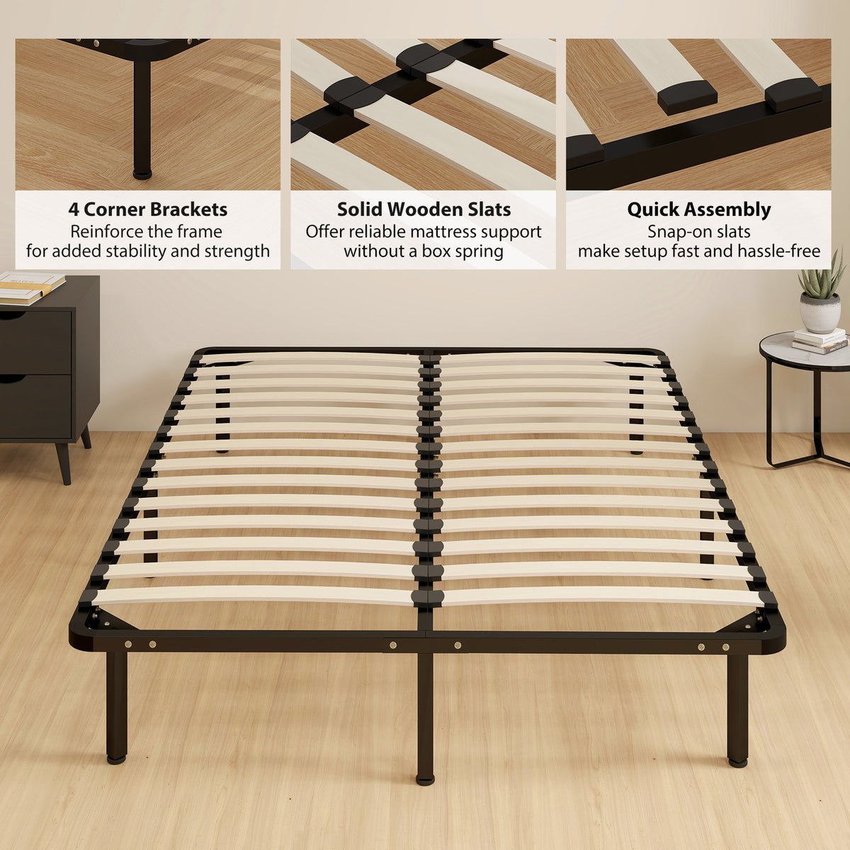 HOMCOM 4ft6 Double Bed Frame, Metal Platform Bed Frame with 2 x 14 Wood Slats, No Box Spring Needed, Underbed Storage, Black