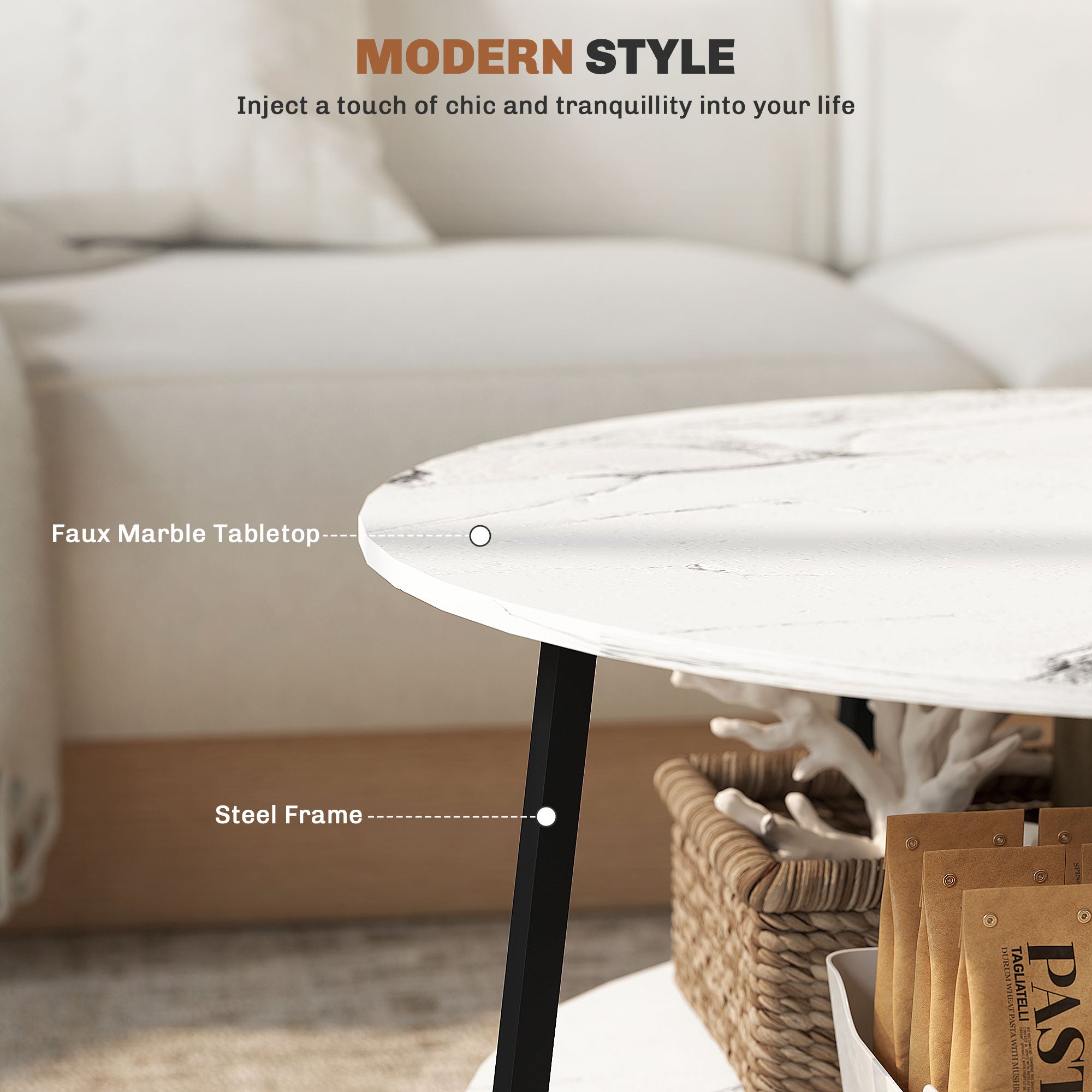 HOMCOM 2-Tier Round Coffee Table with Storage Shelf, Living Room Table with Marble Effect Top and Steel Frame, White - North Peak Garden Furniture
