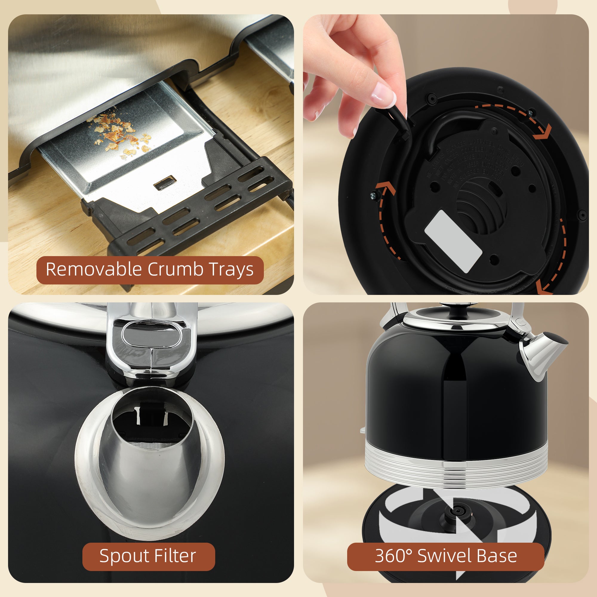 HOMCOM Polished Metal Kettle and Toaster Set - Black - North Peak Garden Furniture