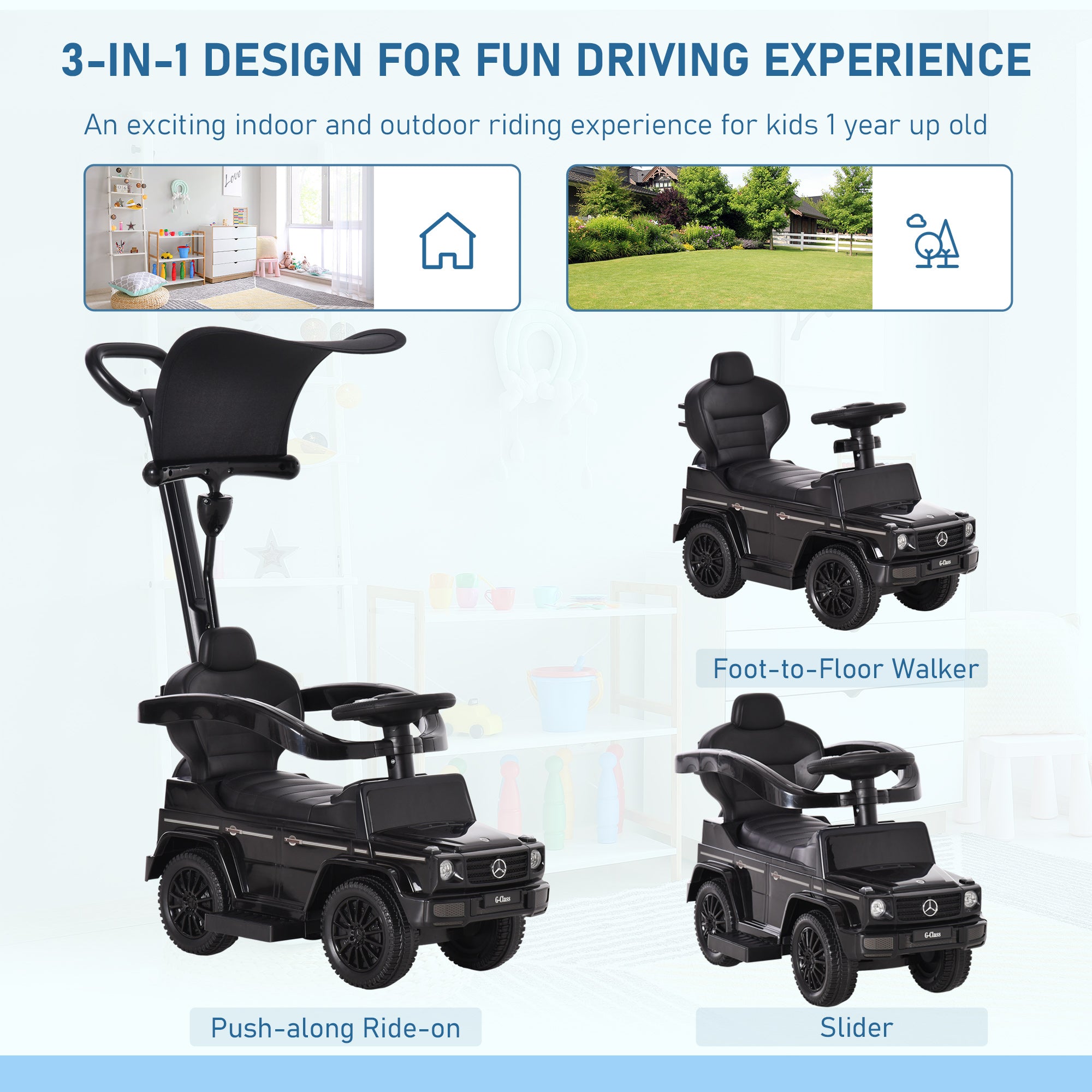 HOMCOM 3 in 1 Kids Children Ride on Push Car Toddler Sliding Car G350 Licensed Walker Foot to Floor Slider Push-Along with Horn Steering Wheel NO POWER Manual, Black - North Peak Garden Furniture