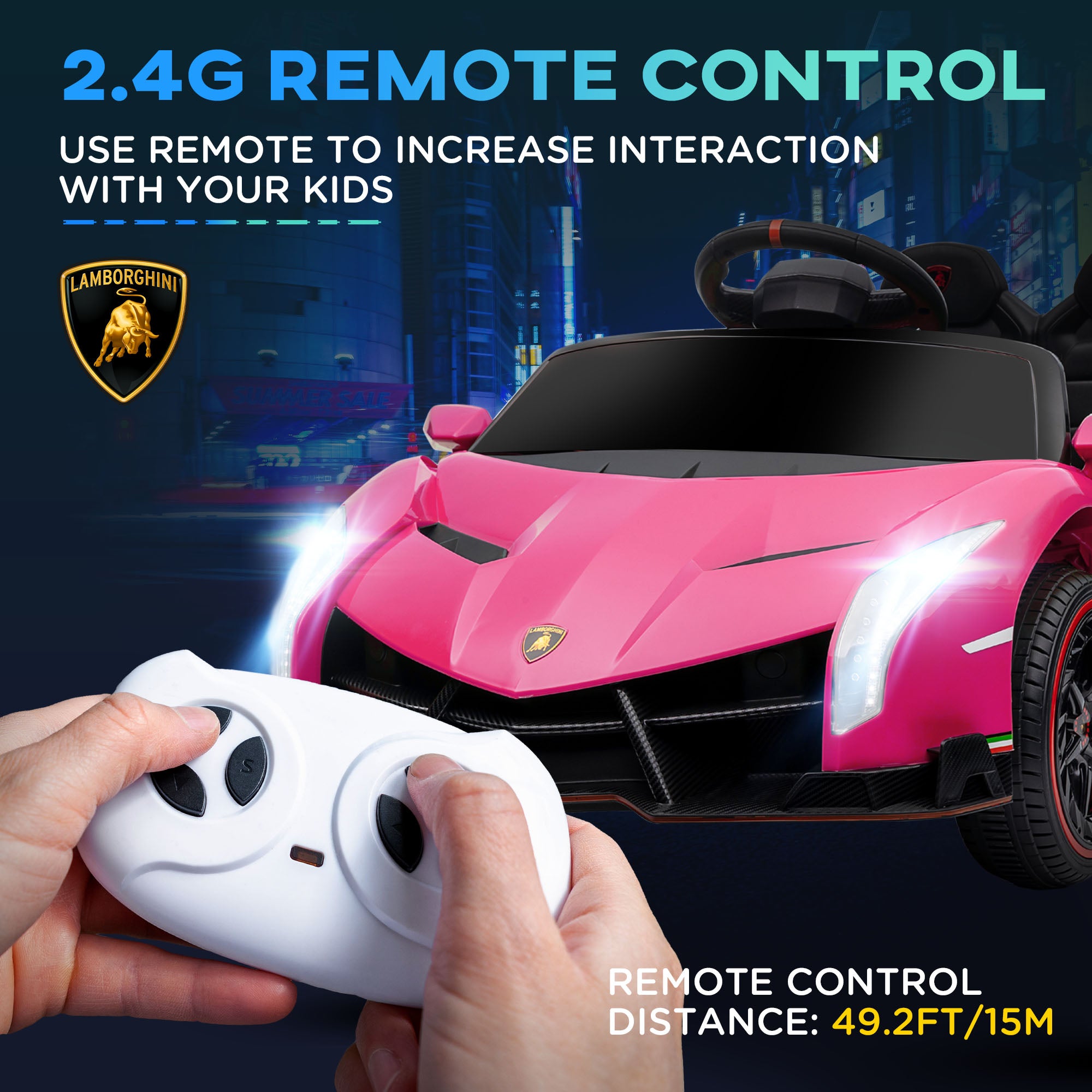 HOMCOM Lamborghini Veneno Licensed Electric Ride-On Car, with Remote, Music, Horn - Pink - North Peak Garden Furniture