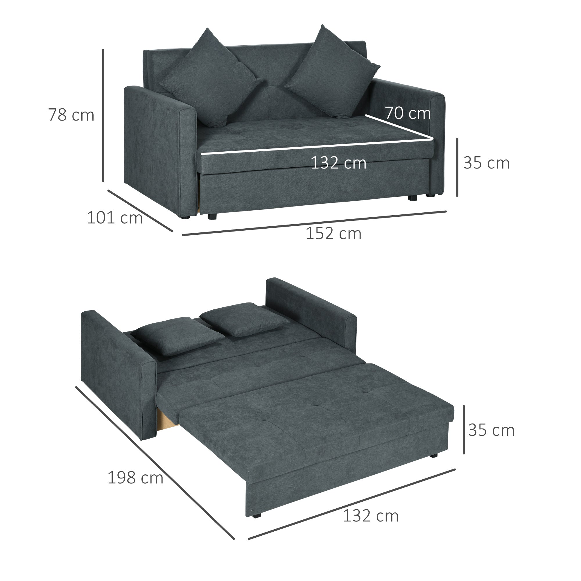 HOMCOM 2 Seater Sofa Bed, Convertible Bed Settee, Modern Fabric Loveseat Sofa Couch with 2 Cushions, Hidden Storage for Living Room, Guest Room, Dark Grey - North Peak Garden Furniture