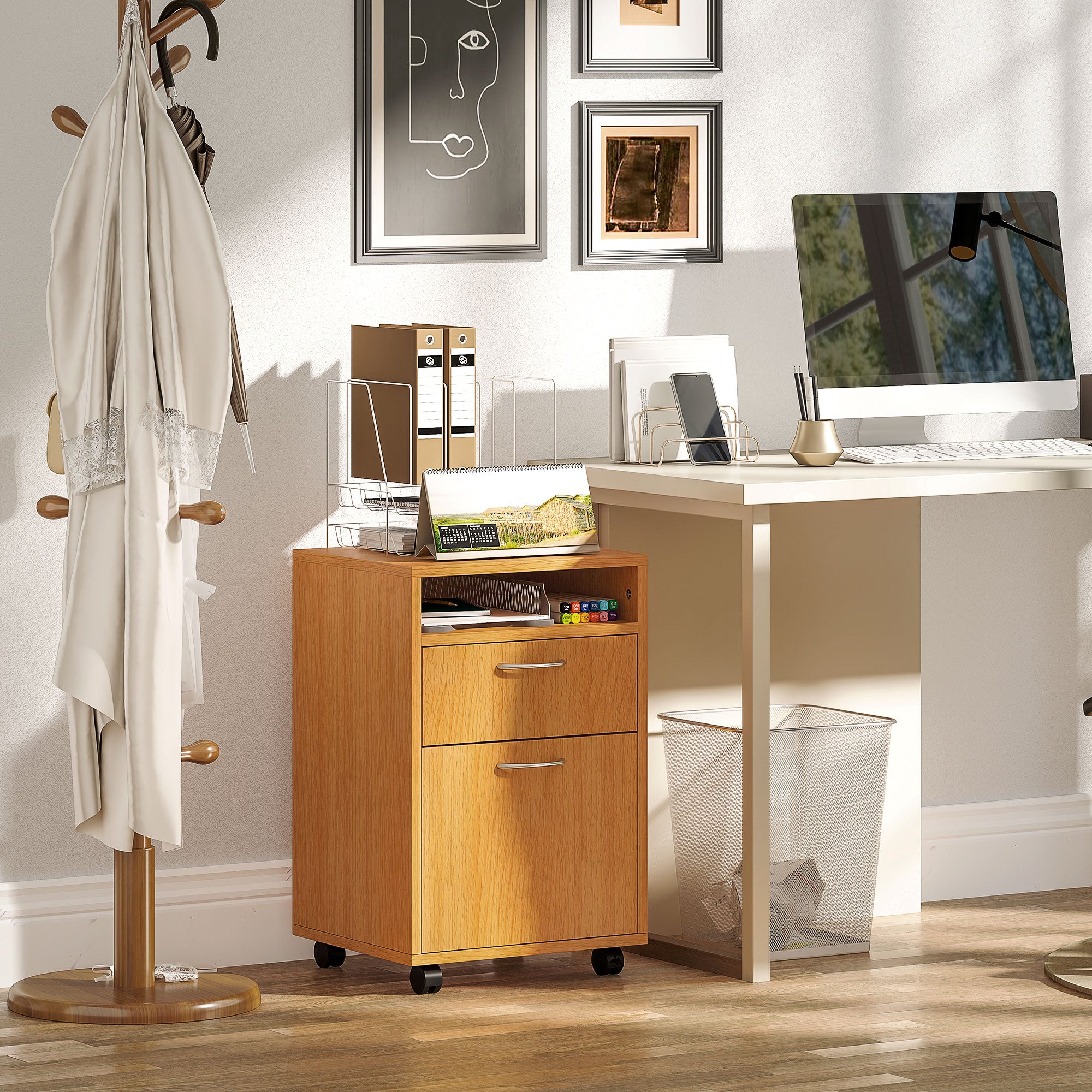 HOMCOM 60cm Filing Cabinet with Drawer, Open Shelf, Metal Handles and 4 Wheels, Office Home Organiser Mobile Printer, Natural Wood Finish - North Peak Garden Furniture
