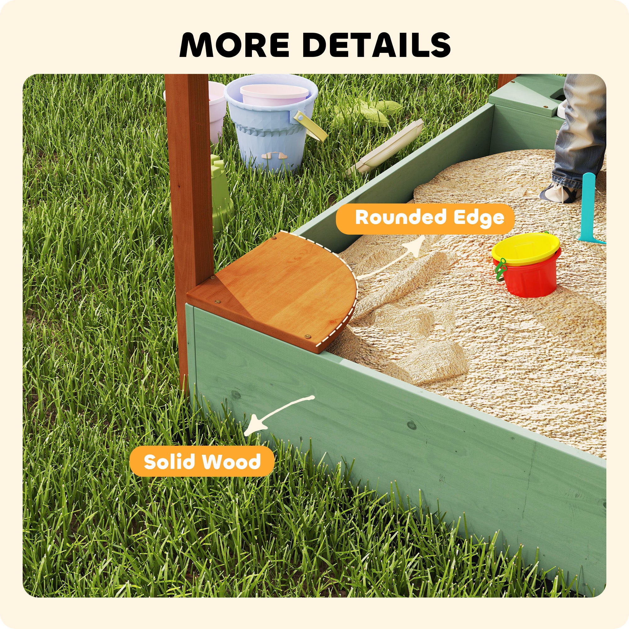 AIYAPLAY Wood Sandpit with Canopy, Storage Bins, Funnel, Liner, Chutes, Bucket with Tap, 116 x 112.5 x 128 cm, Green - North Peak Garden Furniture