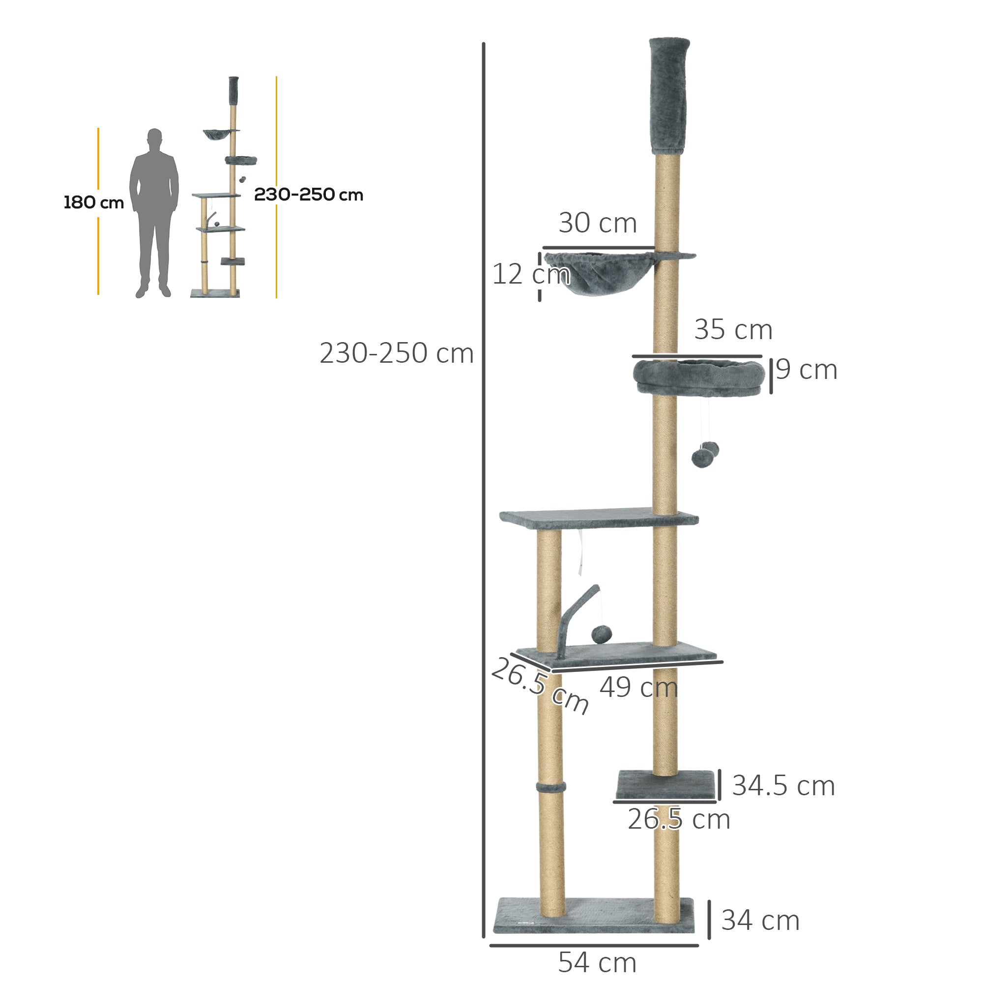 PawHut Floor to Ceiling Cat Tree for Indoor Cats, 6-Tier Play Tower Climbing Activity Center with Scratching Post, Platforms, Bed, Hammock, Adjustable Height 230-250cm, Grey - North Peak Garden Furniture