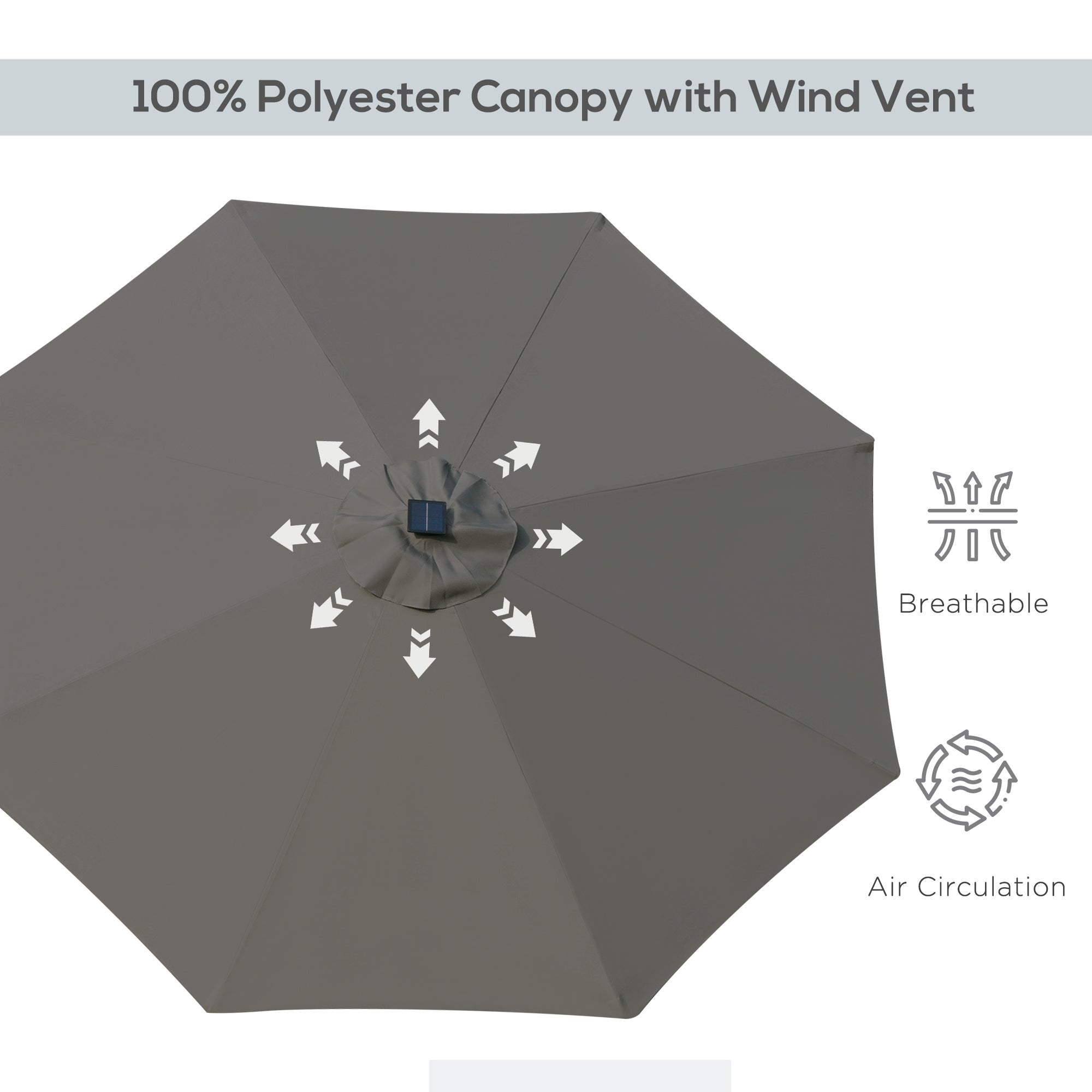 Outsunny Patio Parasol with LED Lights, 2.7m Garden Umbrella in Grey, Push Button Tilt/Crank, 8 Rib Sun Shade for Outdoor Tables