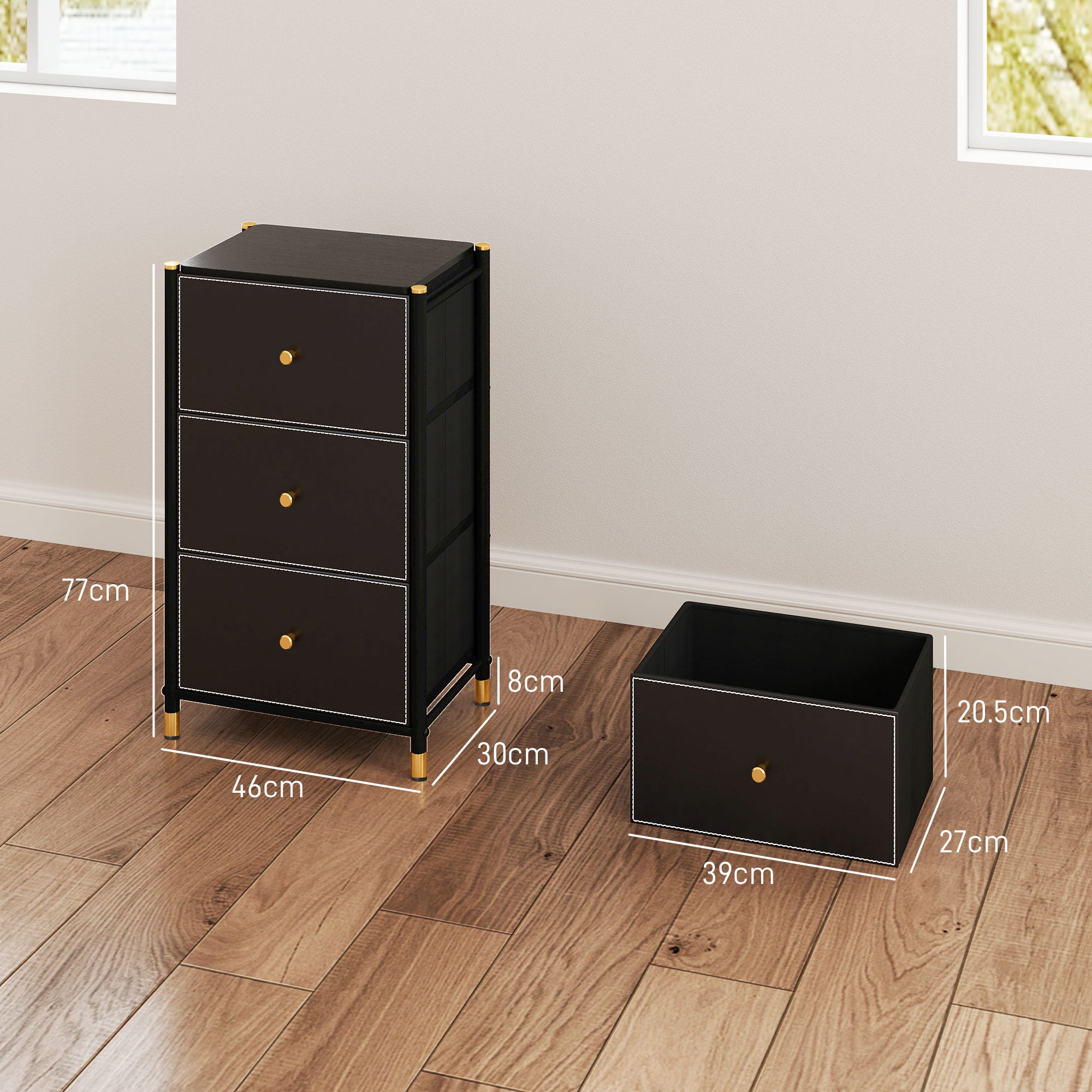 HOMCOM Faux Leather Front Chest of Three Drawers - Black - North Peak Garden Furniture