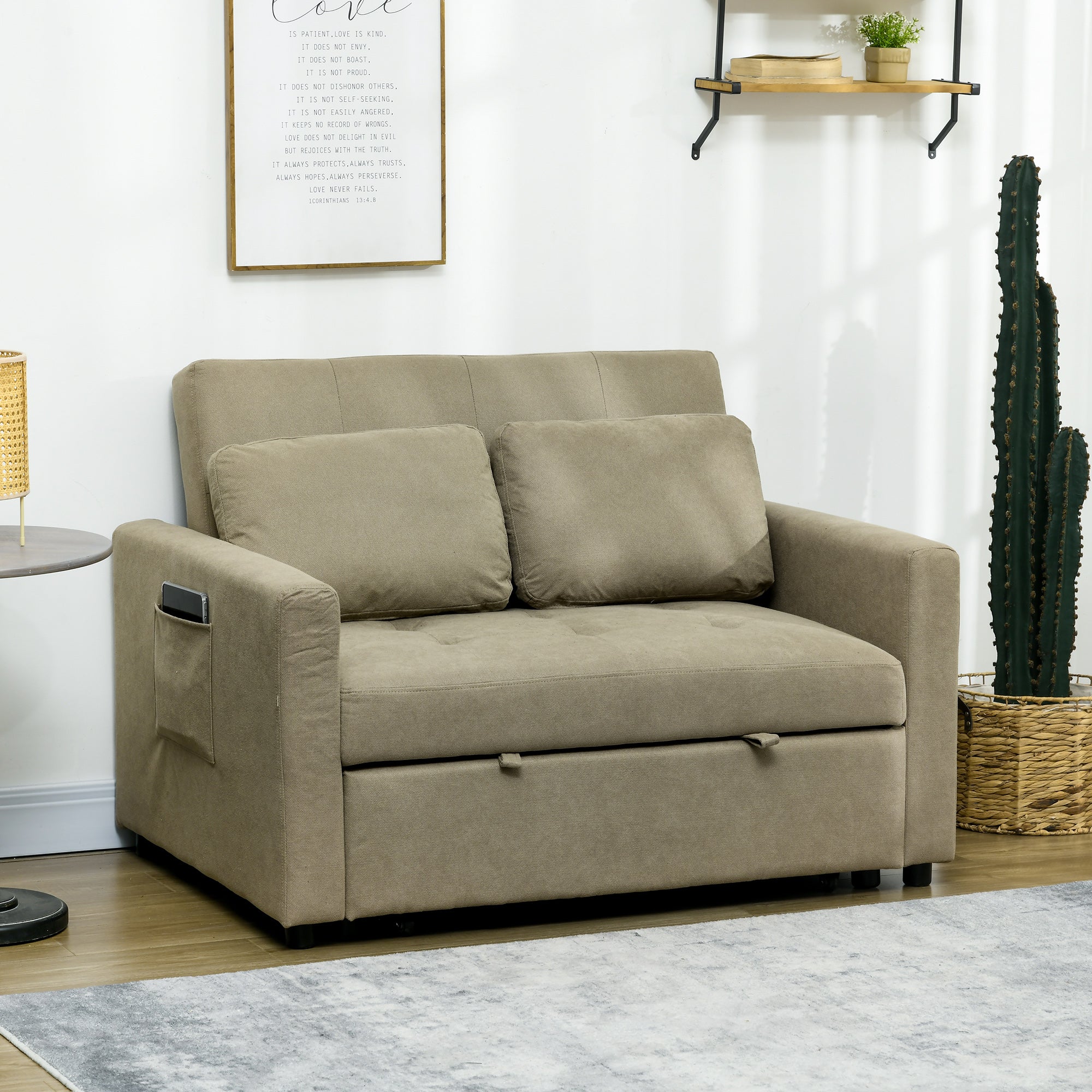HOMCOM Loveseat Sofa Bed, Convertible Bed Settee with 2 Cushions, Side Pockets for Living Room, Light Brown - North Peak Garden Furniture
