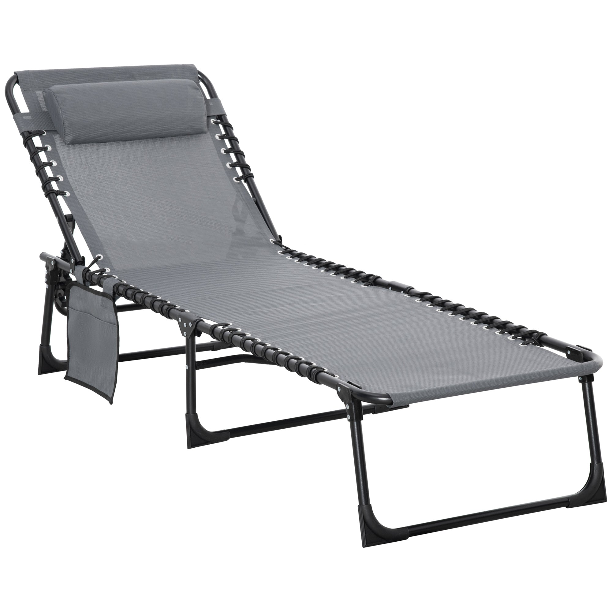 Outsunny Portable Sun Lounger, Folding Camping Bed Cot, Reclining Lounge Chair 5-position Adjustable Backrest with Side Pocket, Pillow for Patio Garden Beach Pool, Grey - North Peak Garden Furniture