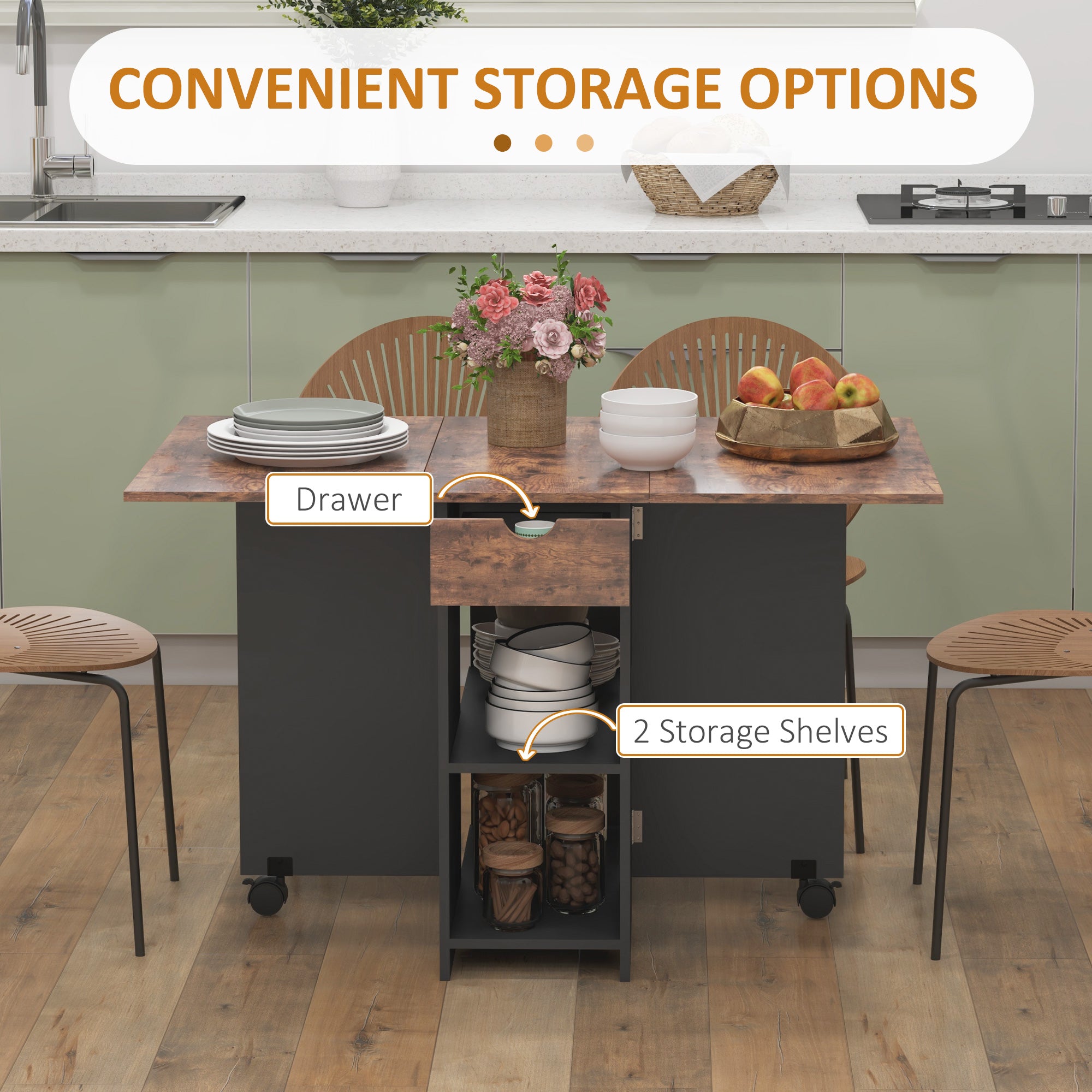HOMCOM Folding Dining Table, Drop Leaf Table for Small Spaces, Foldable Table with Drawer and Storage Shelves for Kitchen, Dining Room, Rustic Brown - North Peak Garden Furniture