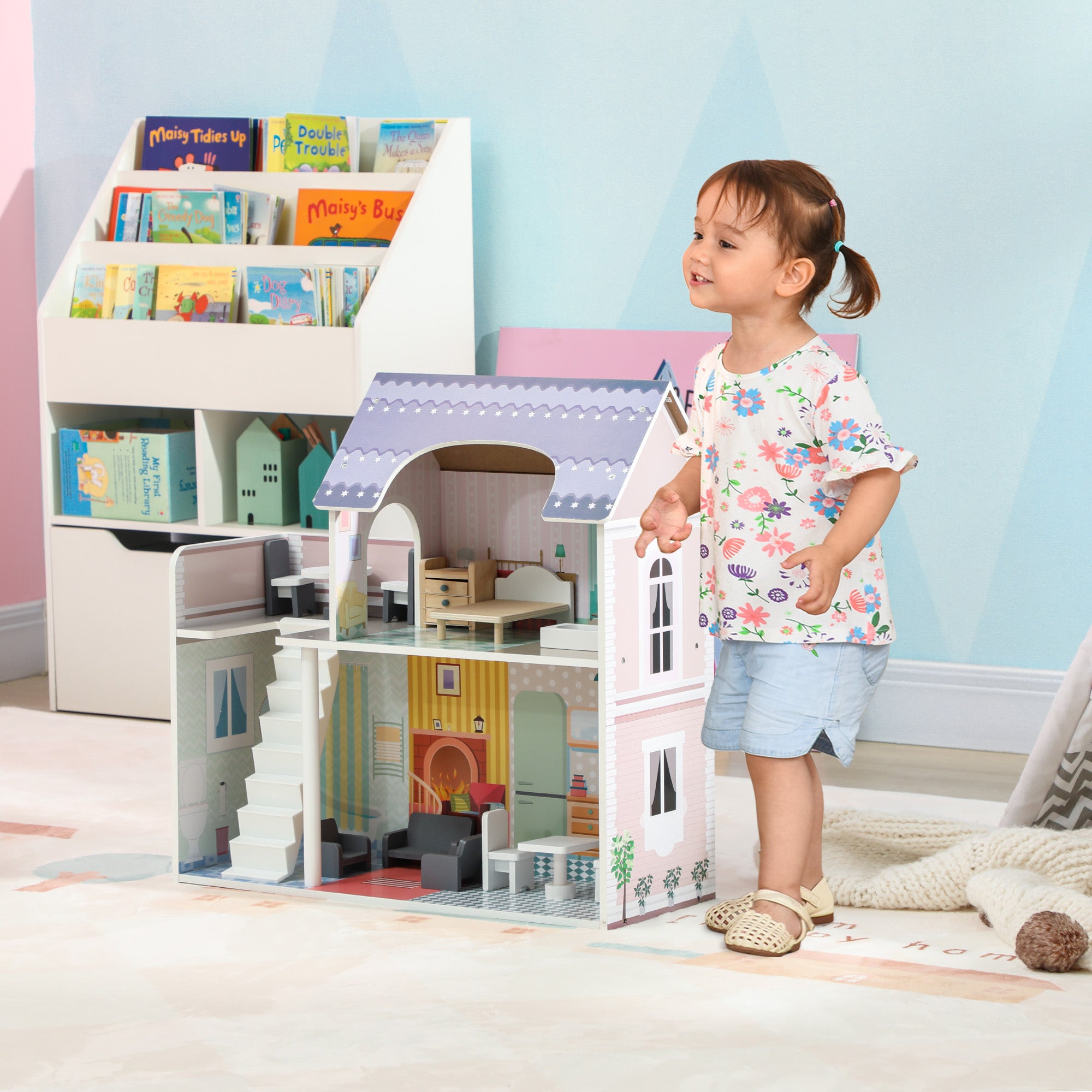 AIYAPLAY 2 Storey Dolls House with 13 Pieces Furniture, Play Set with Balcony, Gift for 3-6 Years Old - North Peak Garden Furniture