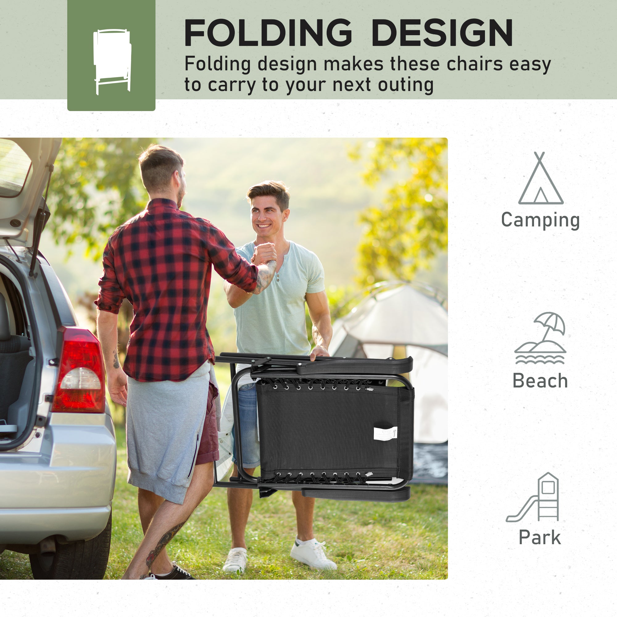 Outsunny 2 Pcs Patio Folding Chair Set, Outdoor Portable Loungers for Camping Pool Beach Deck, Lawn w/ Armrest Steel Frame Black - North Peak Garden Furniture