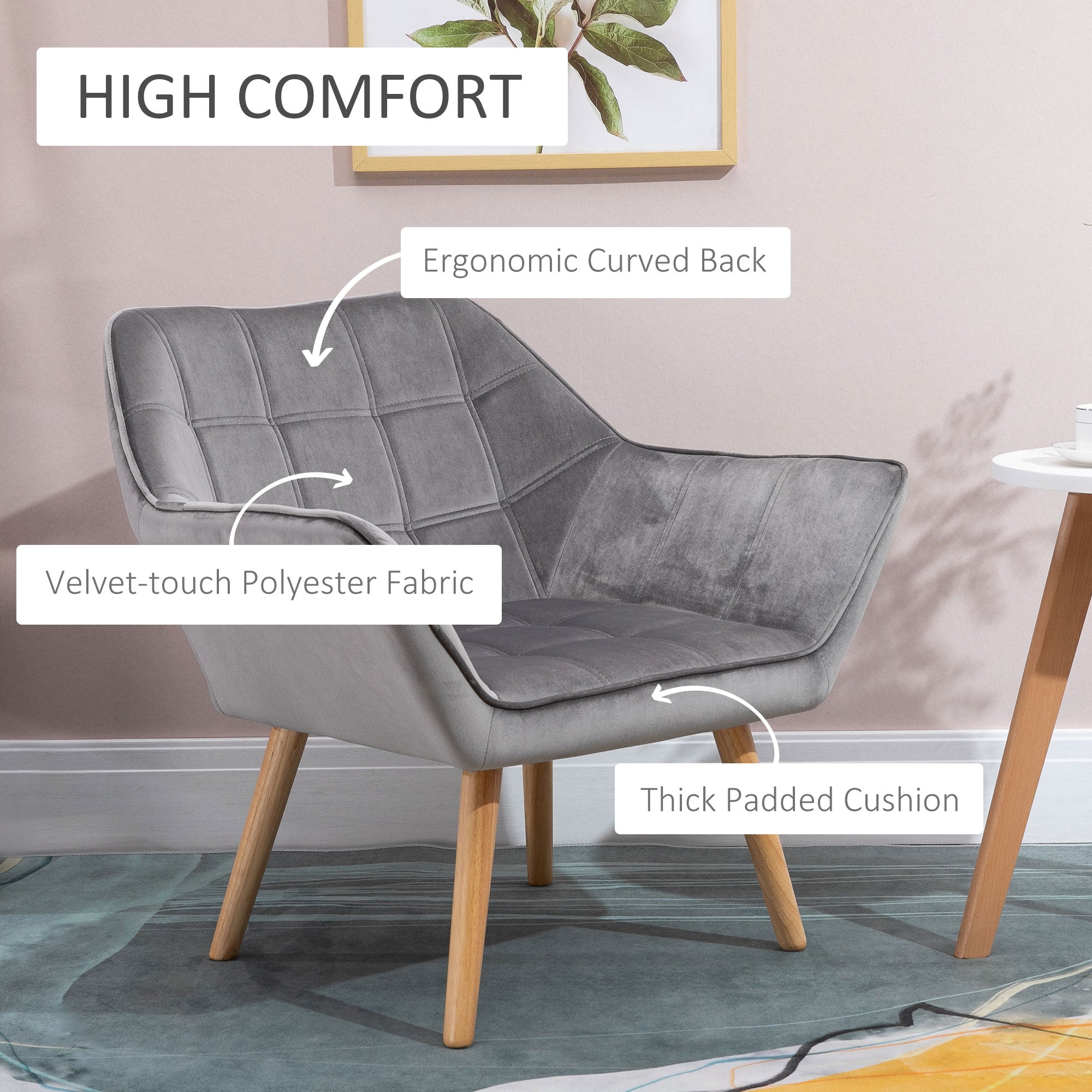 HOMCOM Armchair Accent Chair, Vanity Chair with Wide Arms, Slanted Back, Padding, Metal Frame, Wooden Legs, Home Bedroom Furniture Seating, Grey