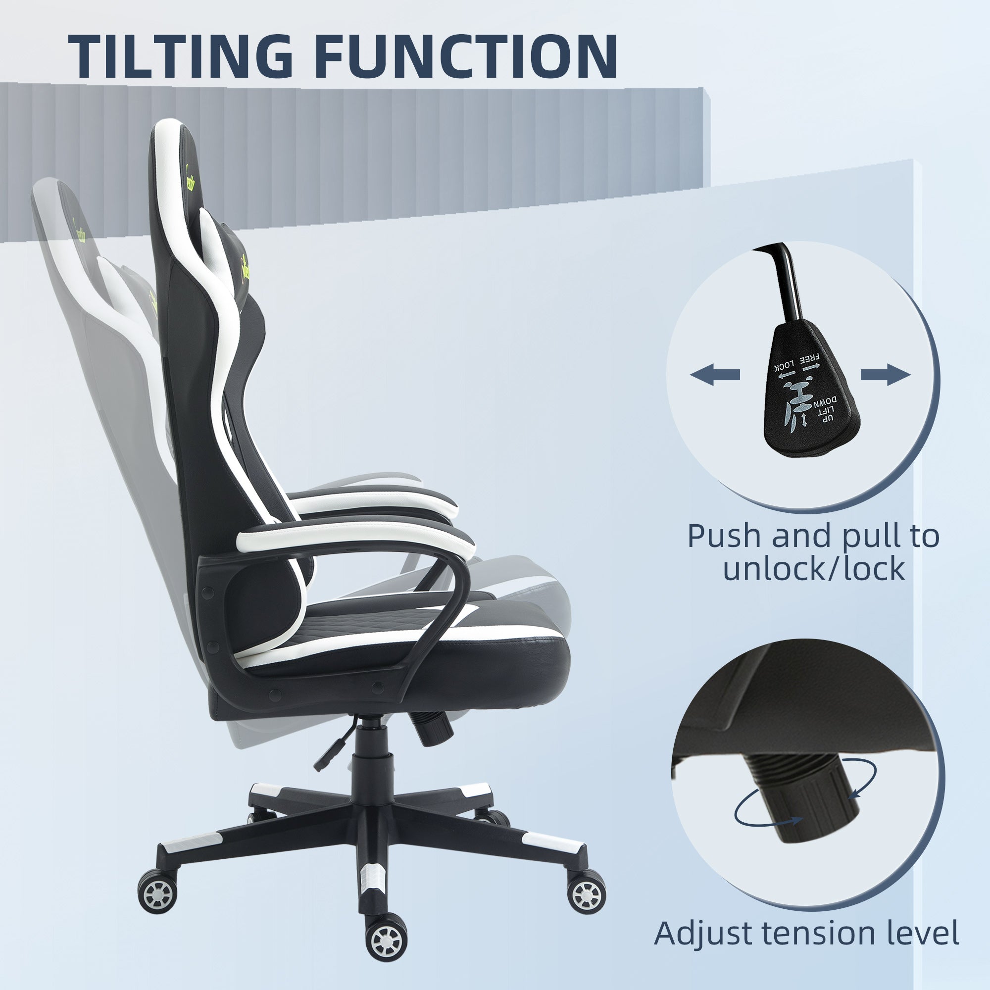 Vinsetto Gaming Chair, Computer Desk Chair with Lumbar Support, Faux Leather Racing Chair with Headrest and Swivel Wheels for Home Office, Black White - North Peak Garden Furniture