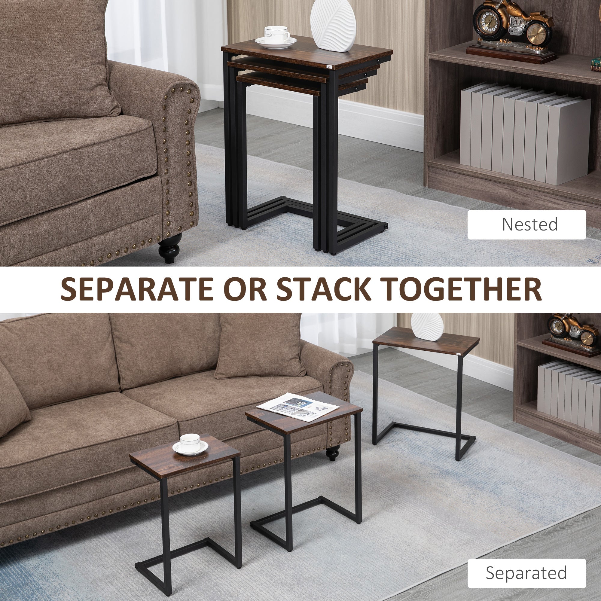 HOMCOM Nesting Side Tables Set of 3, C-Shaped Snack Side Tables with Steel Frame for Sofa Couch and Bed, Rustic Brown - North Peak Garden Furniture