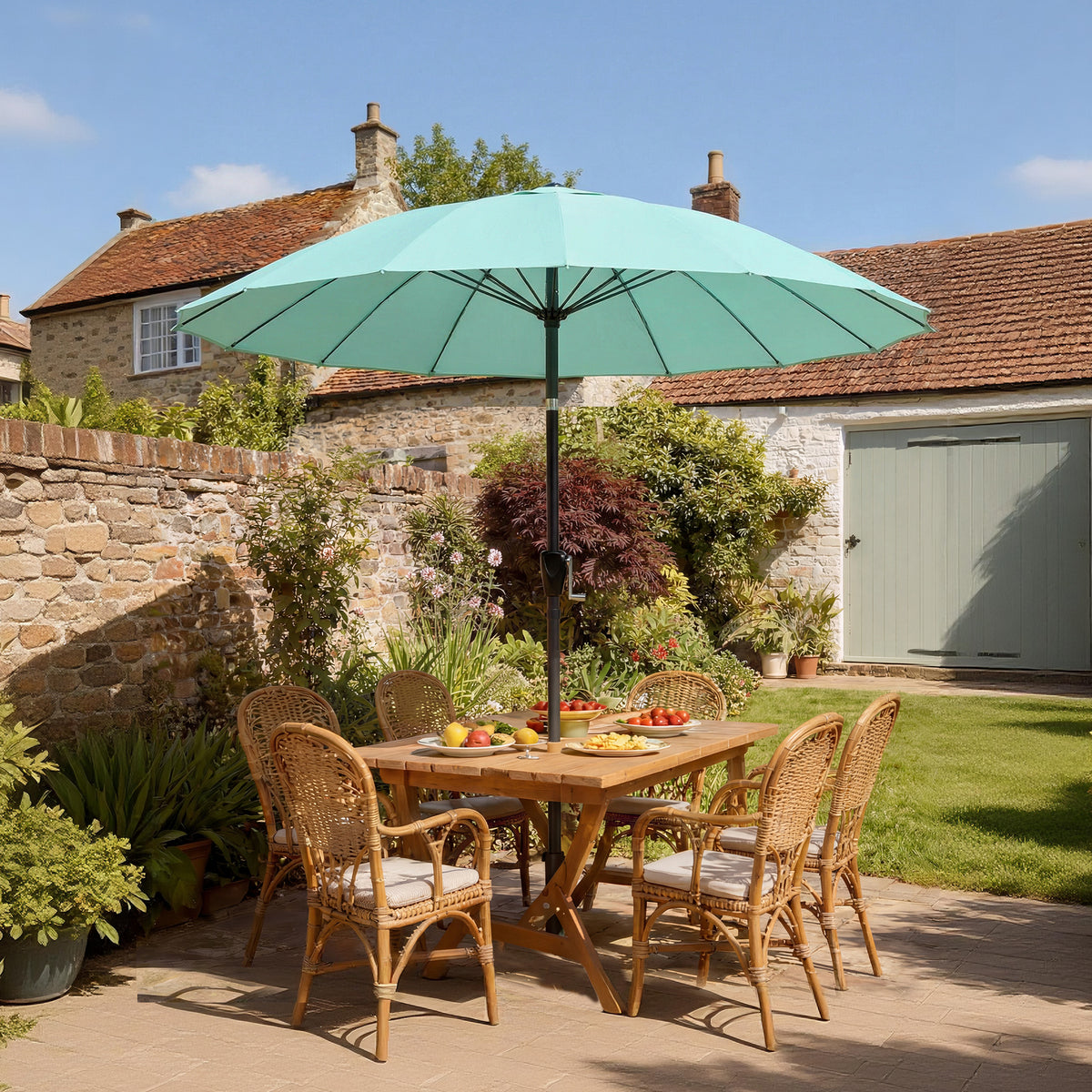 Outsunny 2 m Shanghai Garden Parasol Umbrella with 16 Fibreglass Ribs, Outdoor Parasol Sun Shade with Crank & Tilt, Turquoise