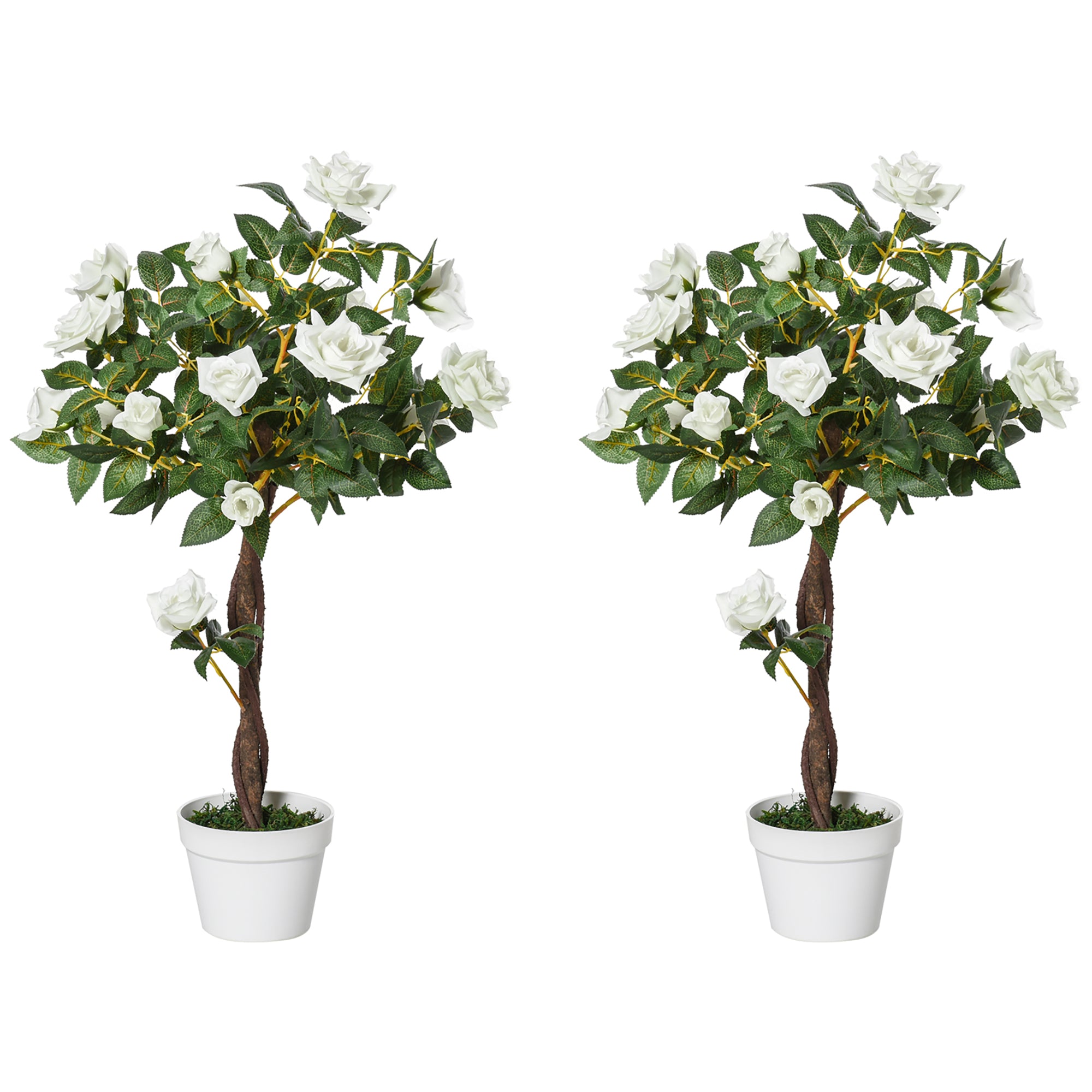 Outsunny Set of 2 Artificial Plants White Rose Floral in Pot, Fake Plants for Home Indoor Outdoor Decor, 90cm - North Peak Garden Furniture