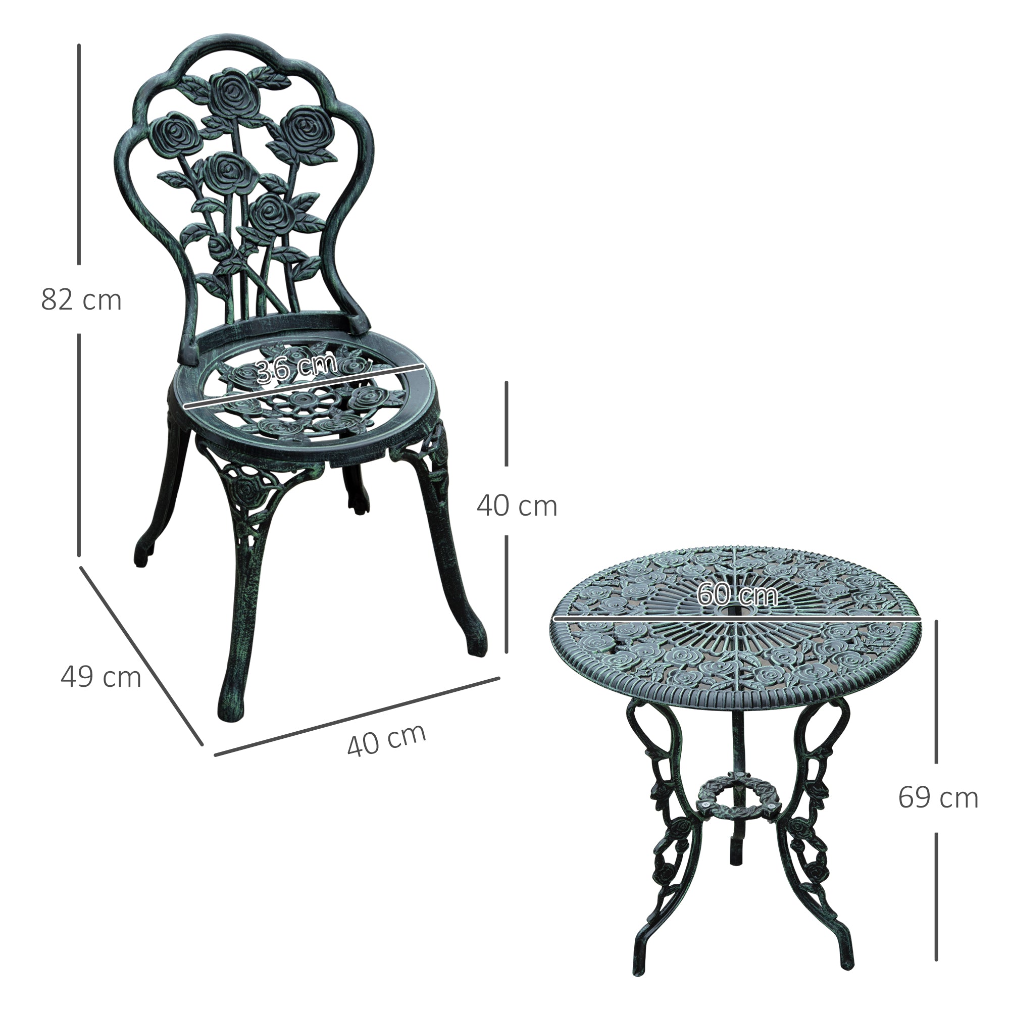 Outsunny Cast Aluminium Outdoor Patio Garden Bistro Elegant Design Table Chair Set - Green (3-Piece) - North Peak Garden Furniture