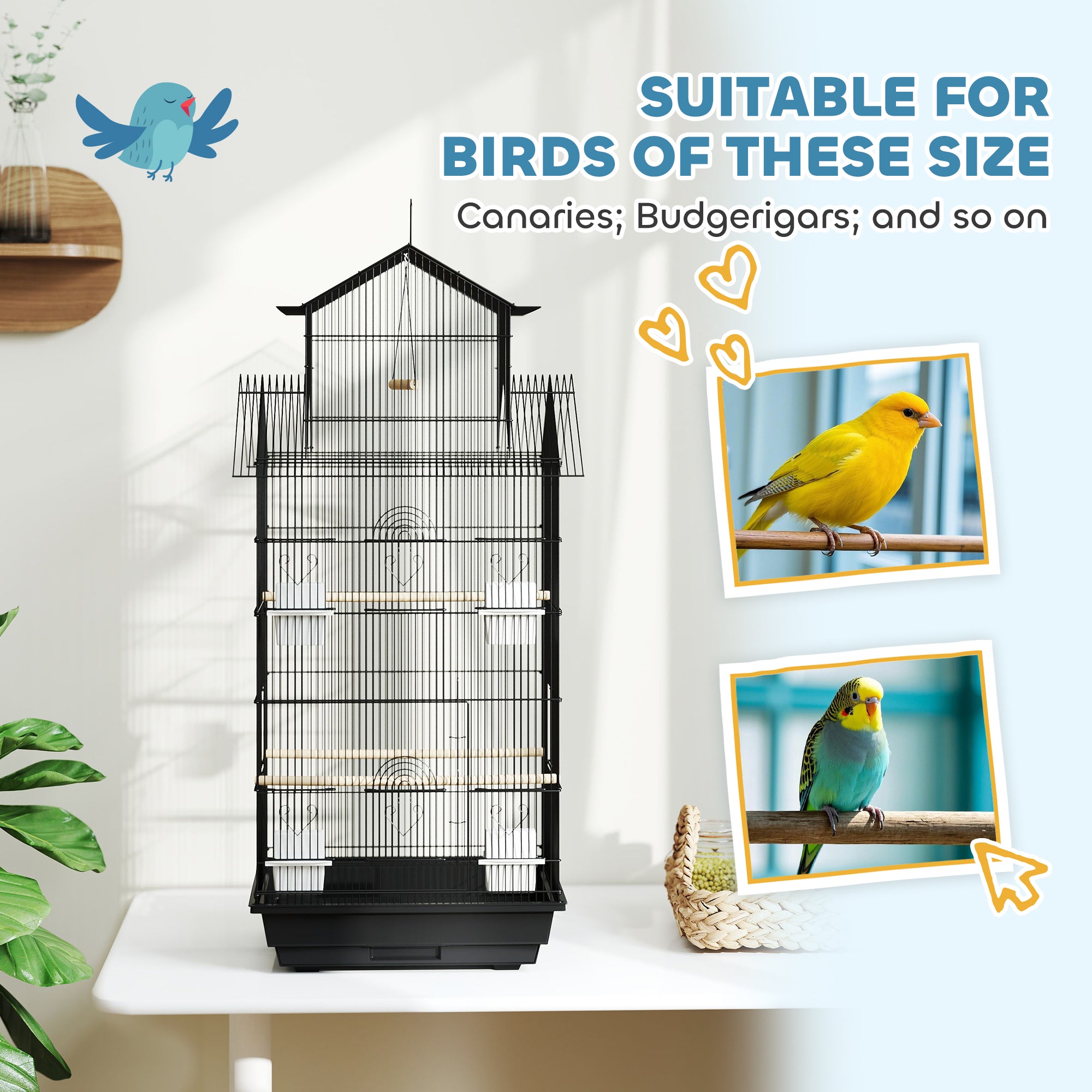 PawHut Metal Bird Cage with Plastic Swing, Perch, Food Container, Tray, Handle, for Finches, Canaries, 43 x 32.5 x 104cm - North Peak Garden Furniture
