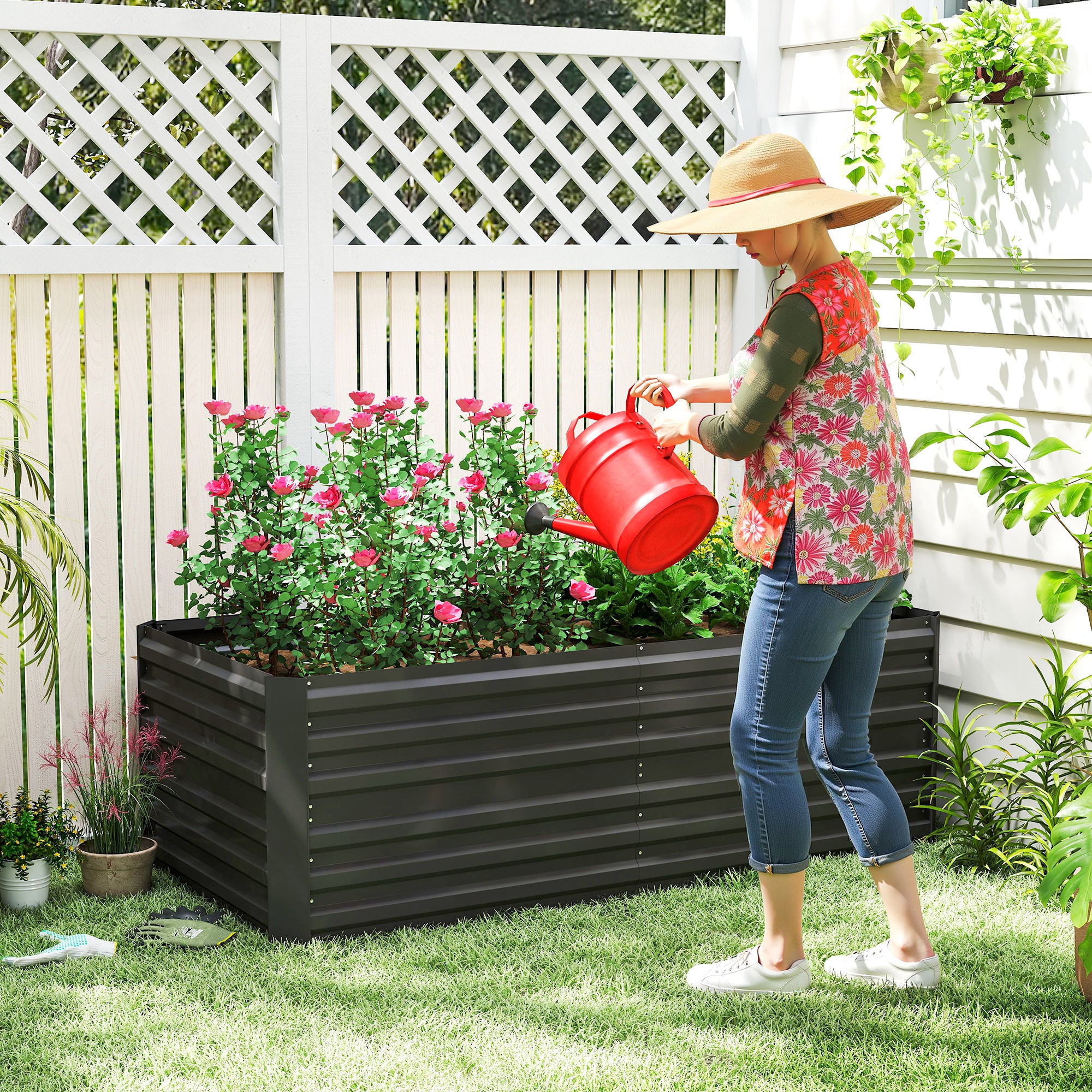 Outsunny Raised Beds for Garden, Galvanised Steel Outdoor Planters with Multi-reinforced Rods, 180 x 90 x 59 cm, Black