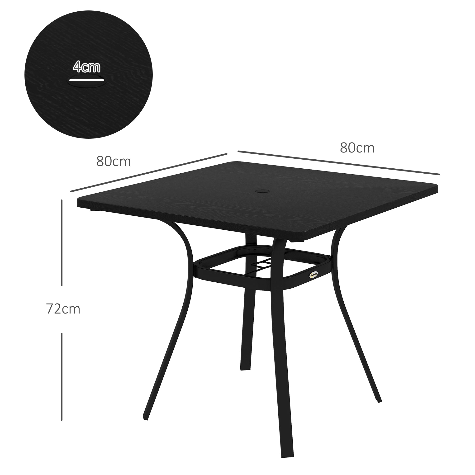 Outsunny Four-Seater Steel Garden Table, with Φ40mm Parasol Hole - Black