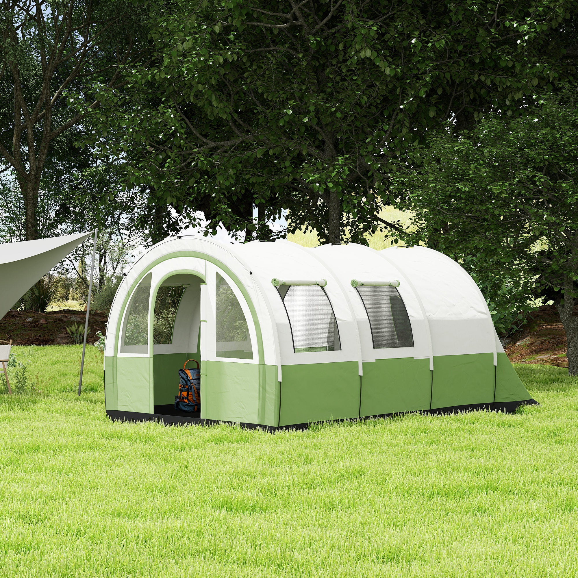 Outsunny 3000mm Waterproof Camping Tent, 5-6 Man Family Tent with Living and Bedroom, Carry Bag Included, Cream and Green - North Peak Garden Furniture