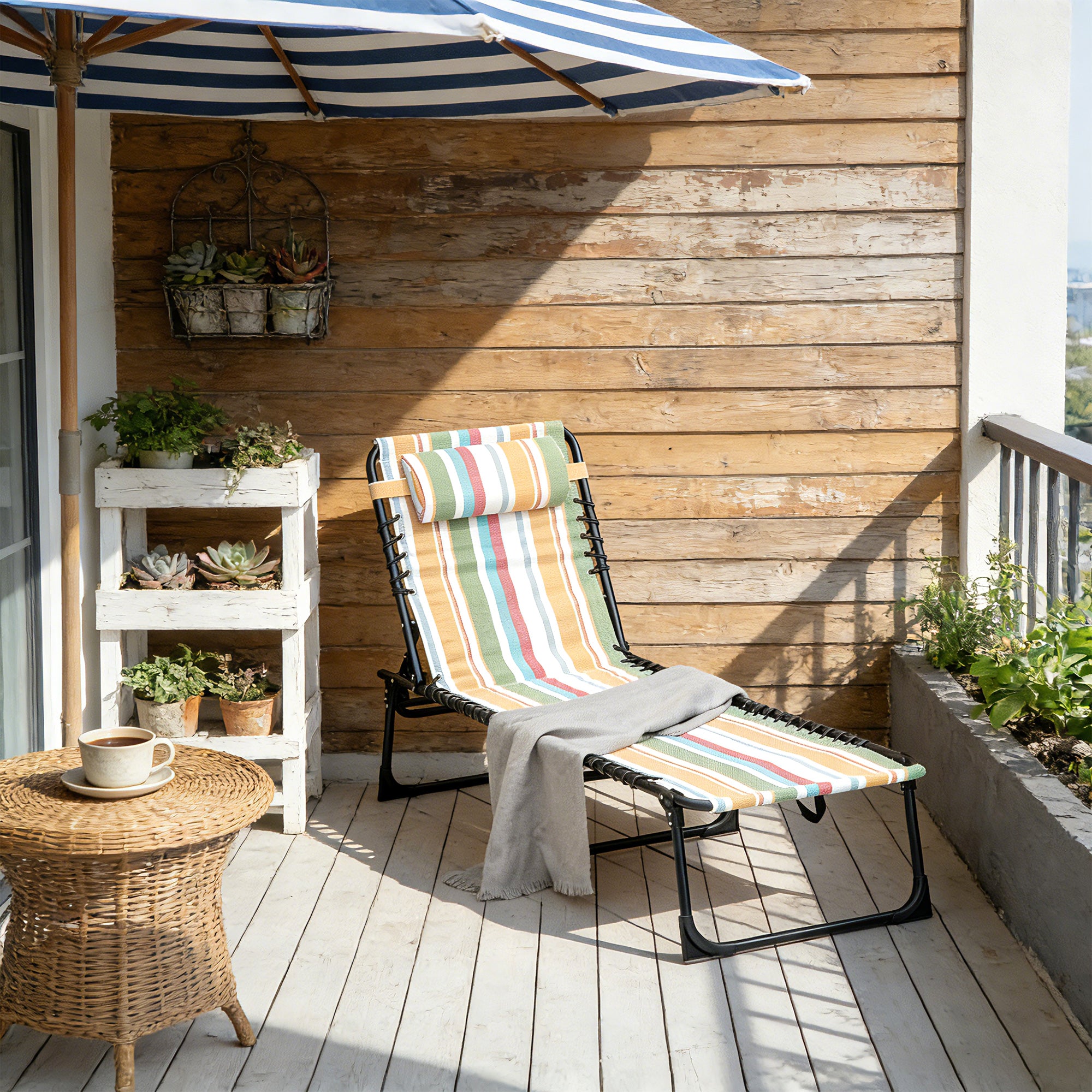 Outsunny Folding Sun Lounger Beach Chaise Chair Garden Reclining Cot Camping Recliner with 4 Position Adjustable Multicolored