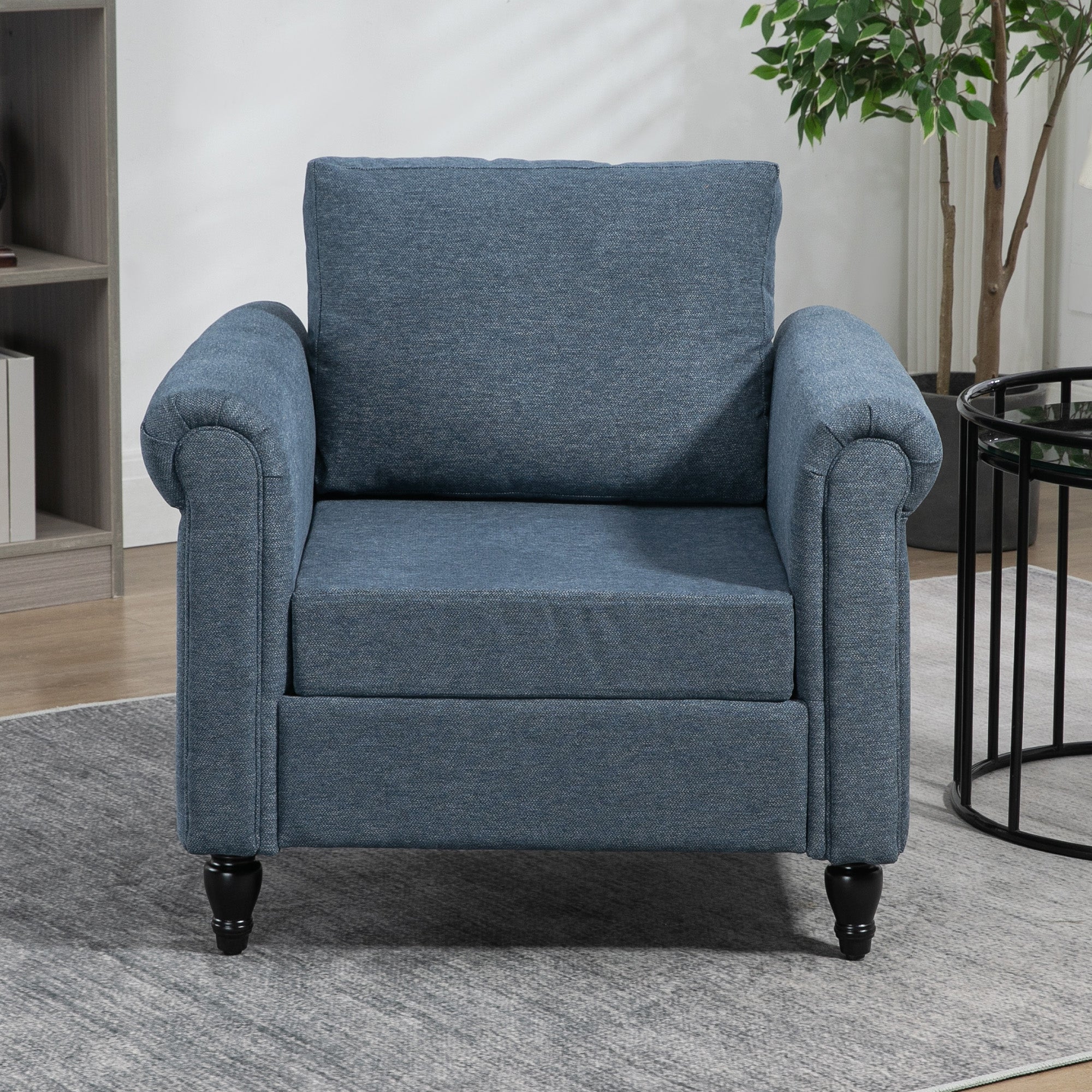 HOMCOM Vintage Accent Chair, Tufted Upholstered Lounge Armchair Single Sofa Chair with Rubber Wood Legs, Rolled Arms, Dark Blue |