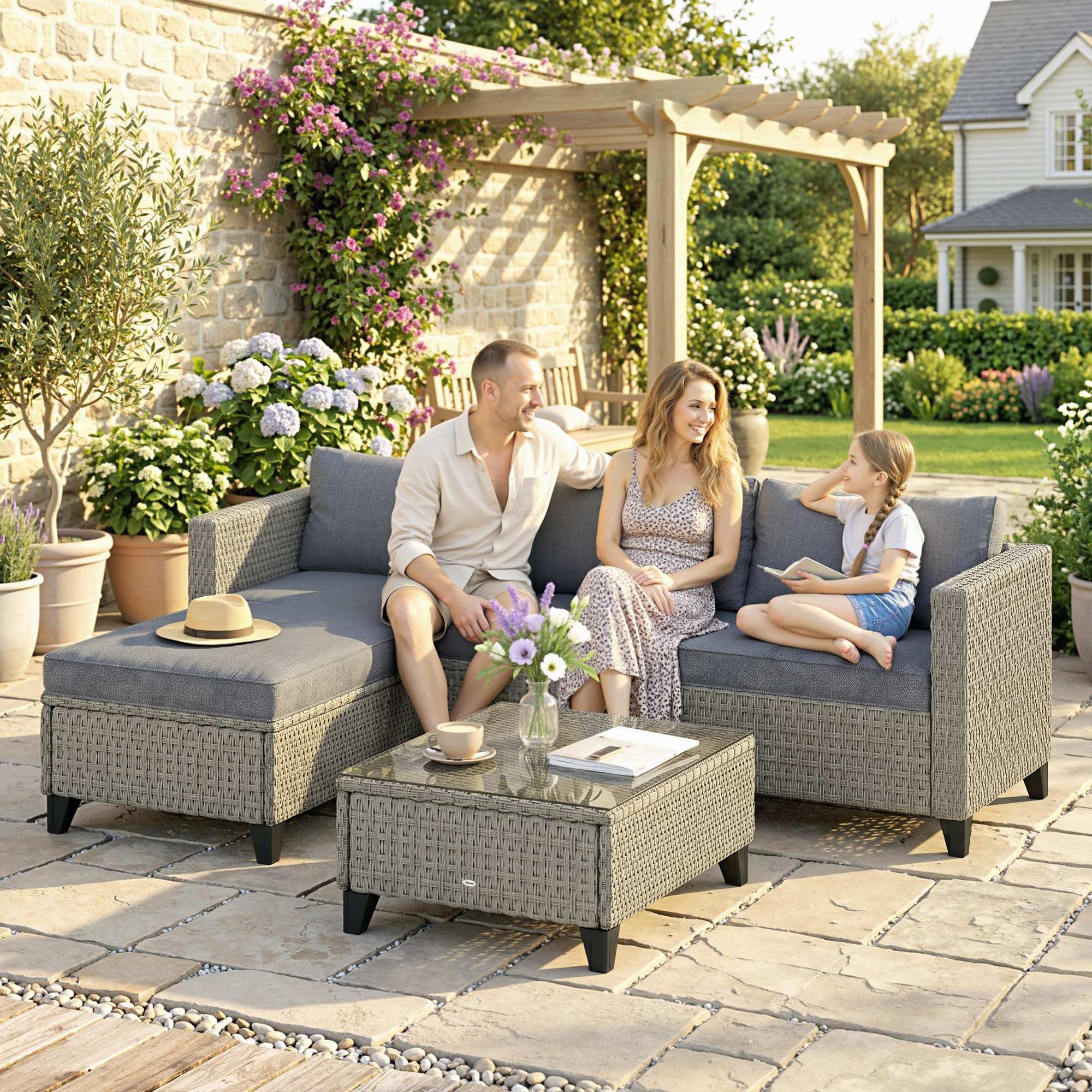 Outsunny 5-Piece Rattan Patio Furniture Set with Corner Sofa, Footstools, Coffee Table, for Poolside, Dark Grey
