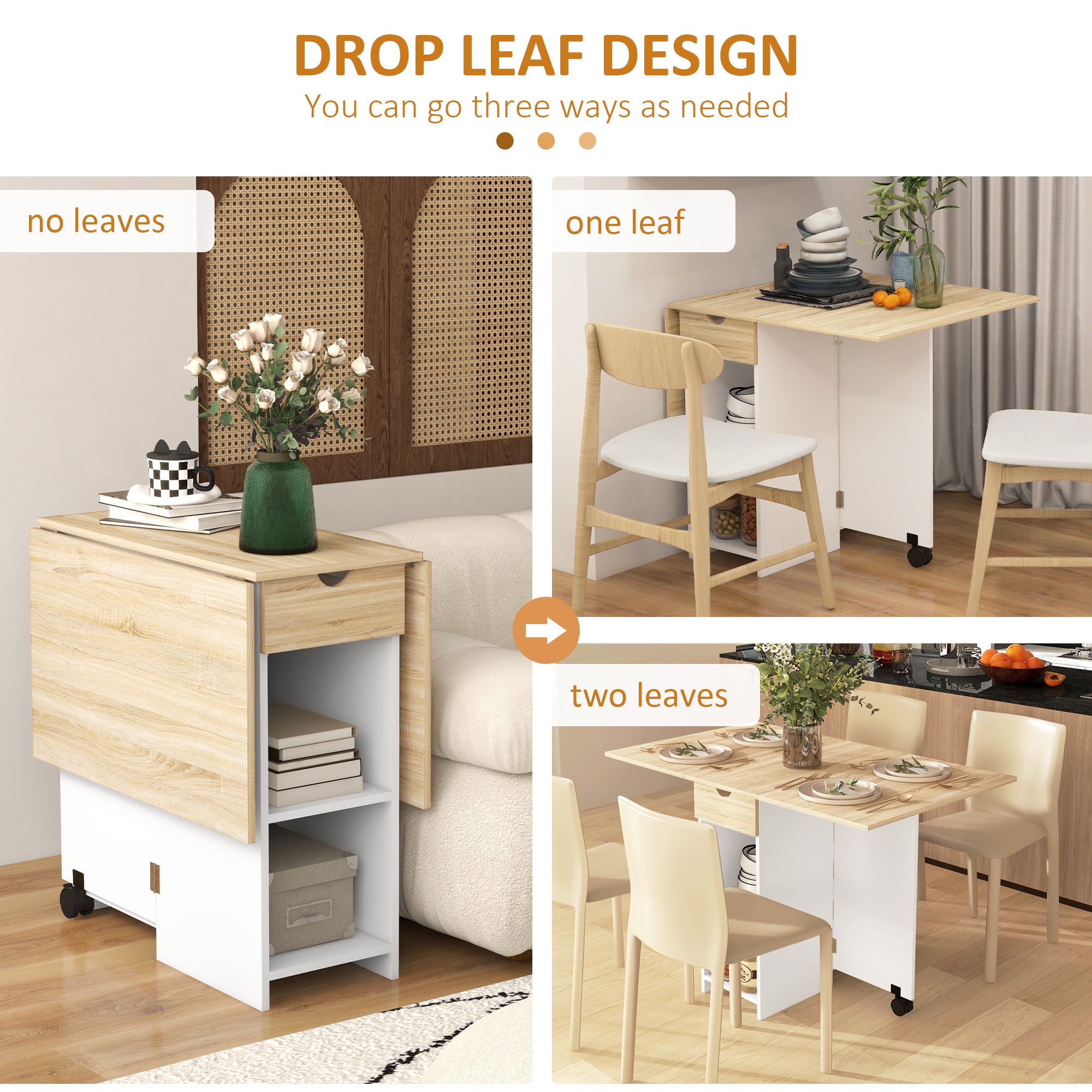 HOMCOM Folding Dining Table, Drop Leaf Table for Small Spaces, Foldable Table with Drawer and Storage Shelves for Kitchen, Dining Room, Oak - North Peak Garden Furniture