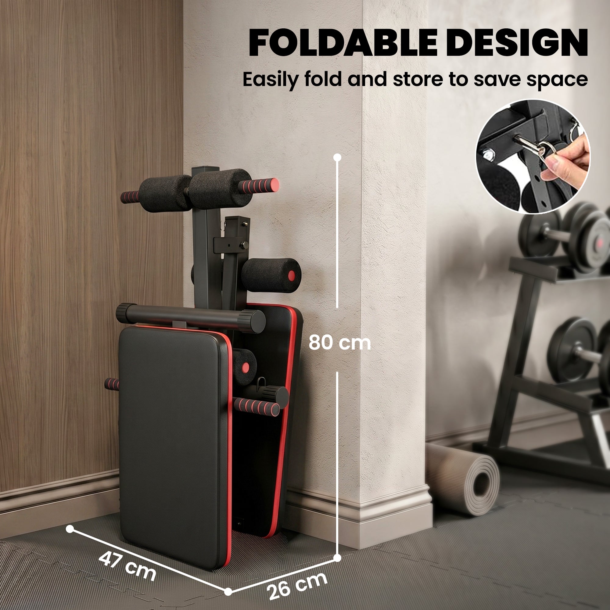 HOMCOM Sit Up Bench Core Workout Adjustable Thigh Support Foldable for Home Gym w/ Arm Pulling Rope Black