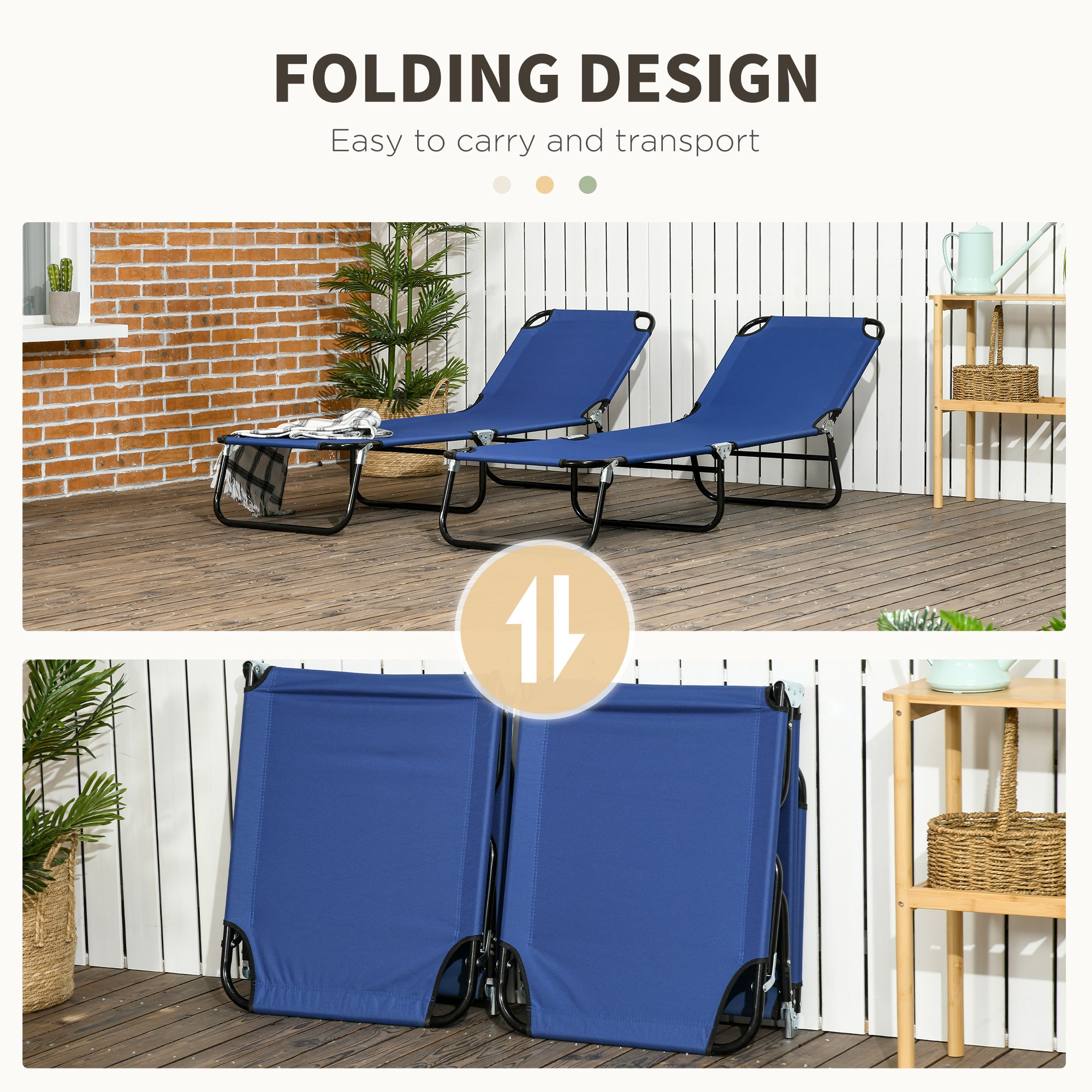 Outsunny Set of Two Metal Frame Folding Sun Loungers - Blue