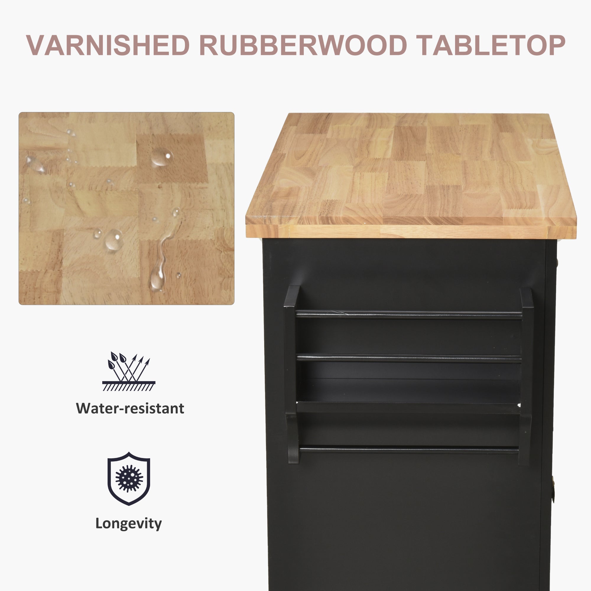 HOMCOM Rolling Kitchen Island Storage Trolley with Rubber Wood Top & Drawers for Dining Room, Black - North Peak Garden Furniture