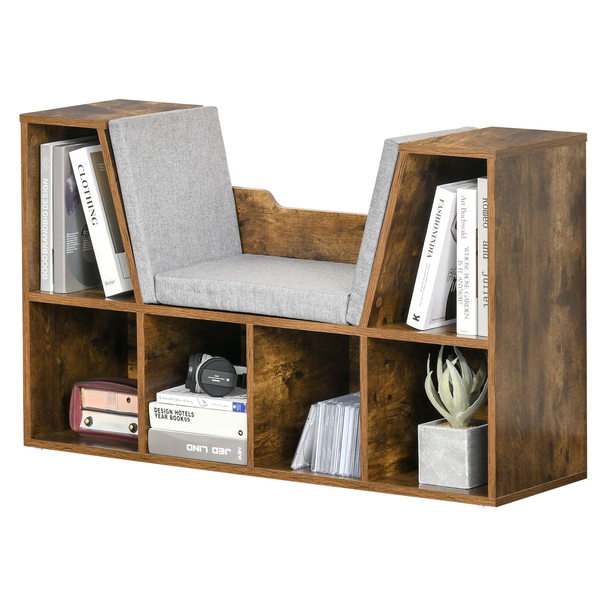 HOMCOM Bookcase Storage Shelf with Cushioned Reading Seat, Cube Bookshelf Organizer for Bedroom Living Room, Rustic Brown