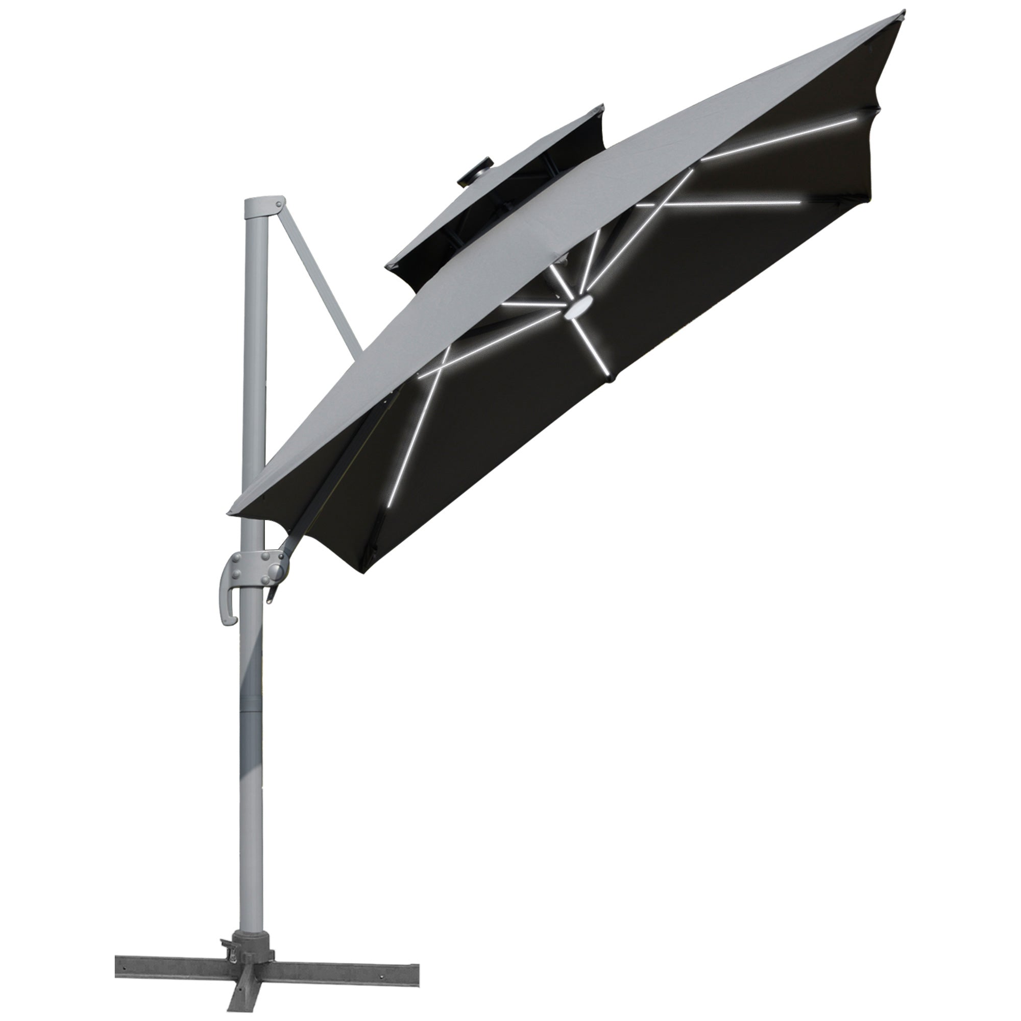 Outsunny 3m Cantilever Parasol, Outdoor Offset Patio Umbrella, Solar LED Lighted Hanging Sun Shade Canopy with Tilt and Crank Handle, Cross Base for Lawn, Beach and Poolside, Grey - North Peak Garden Furniture