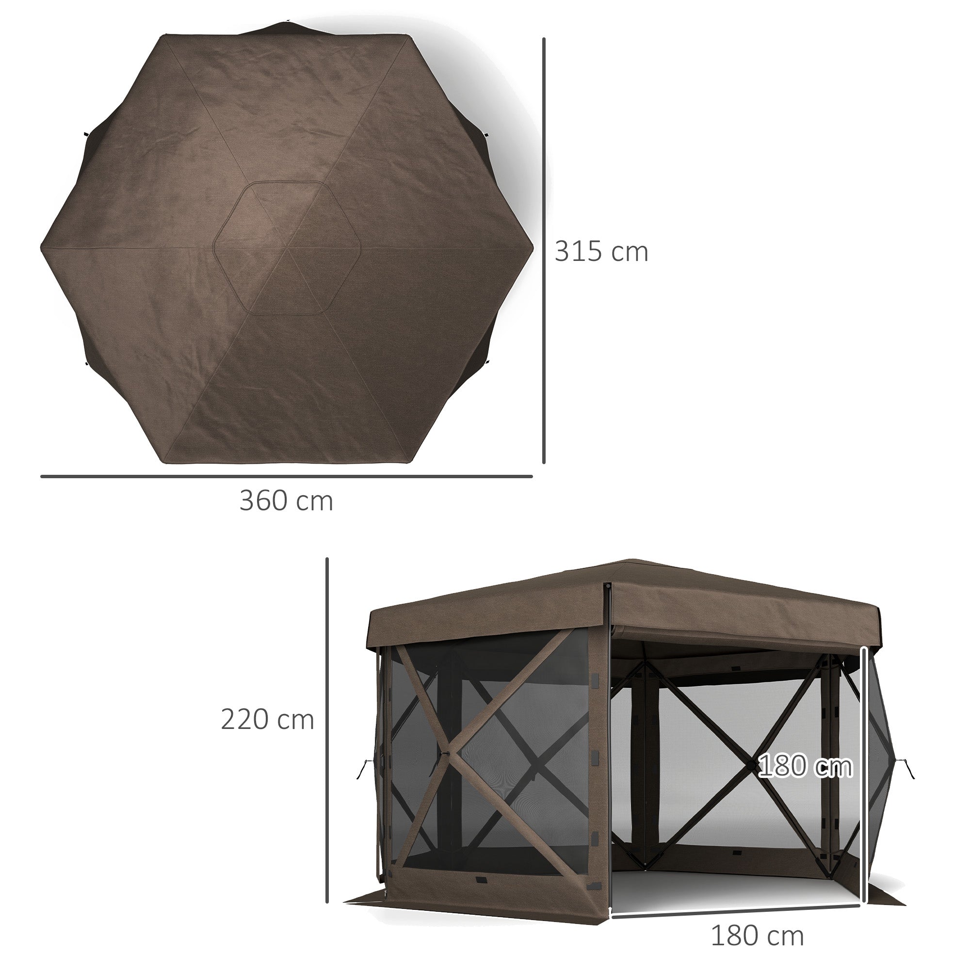 Outsunny 3 x 3(m) Hexagon Pop Up Gazebo with 5 Sides and Carry Bag, Waterproof, UV Resistant Party Tent Instant Event Shelter with Netting for Garden, Patio, Brown - North Peak Garden Furniture
