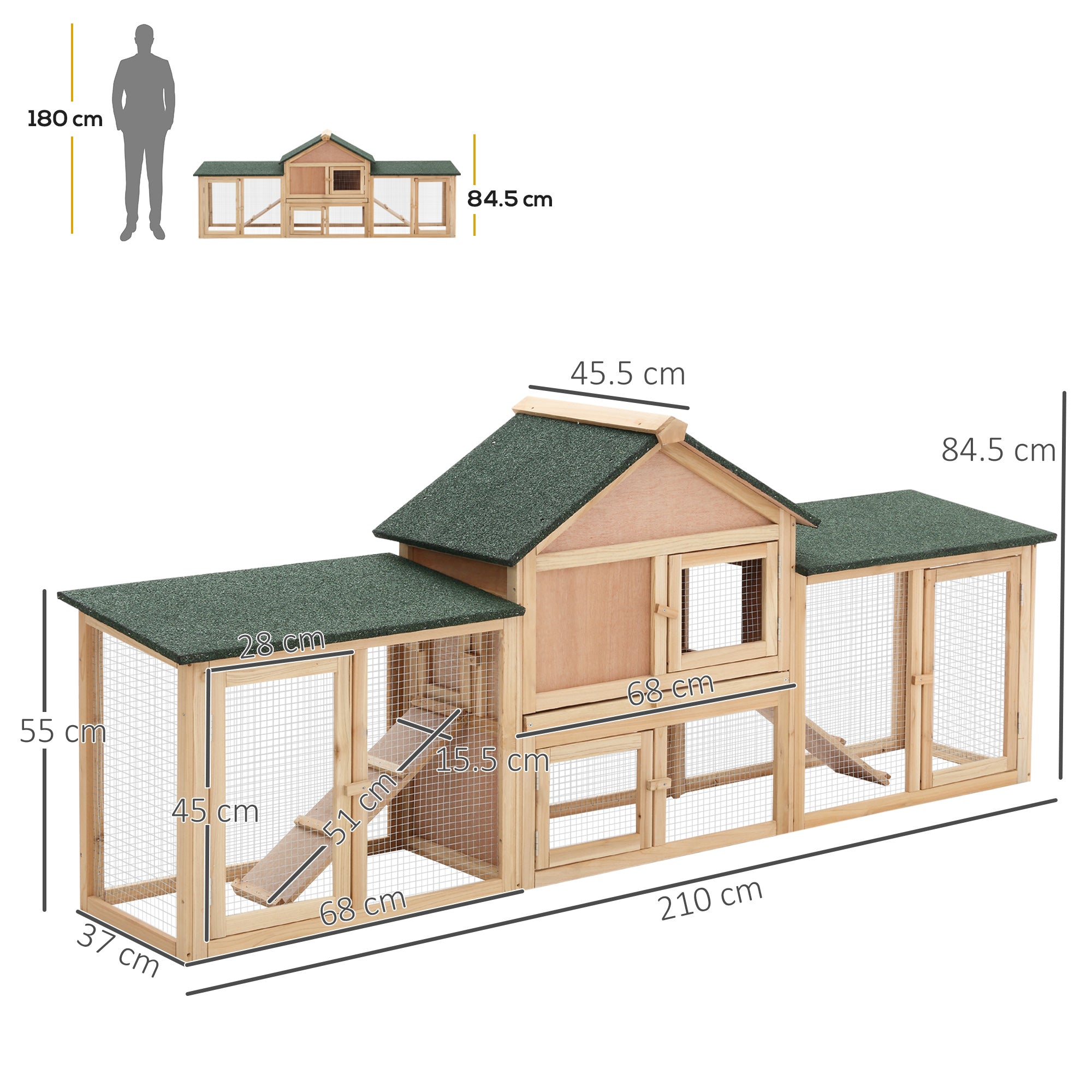 PawHut Large Rabbit Hutch Outdoor Wooden Guinea Pig Hutch with Run, 2 Storey Bunny House 210 x 45.5 x 84.5 cm - North Peak Garden Furniture