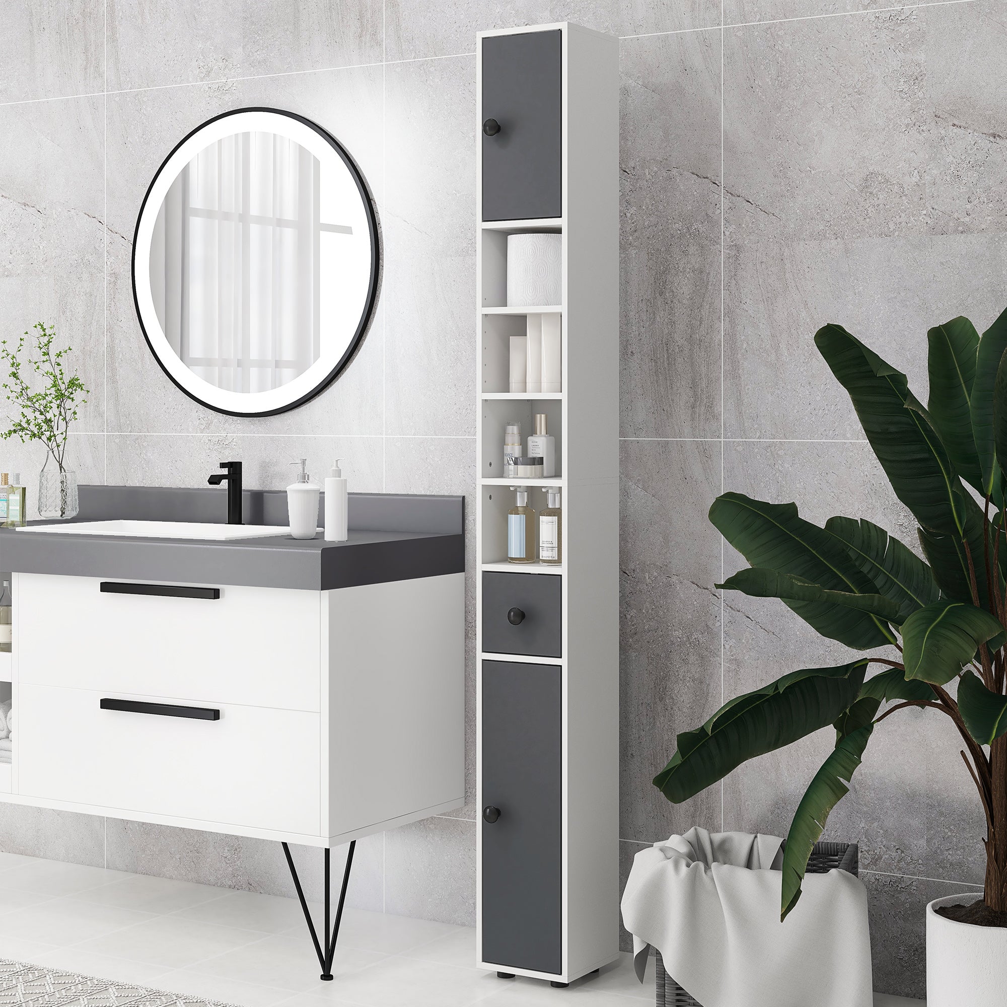 kleankin 180cm Slim Bathroom Cabinet, with Drawer, Shelves and Cupboards - Grey - North Peak Garden Furniture
