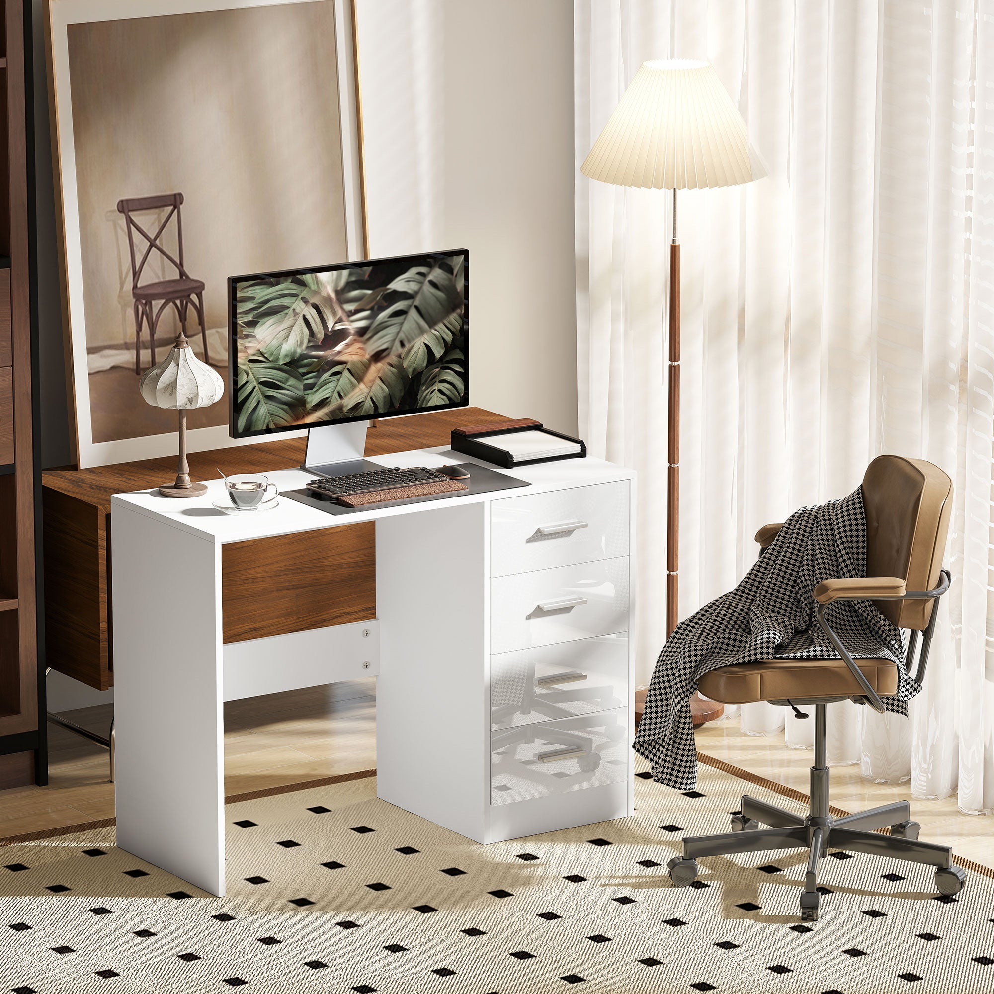 HOMCOM Computer Desk with Drawers, Dressing Table, High Gloss Home Office Writing Workstation, White - North Peak Garden Furniture