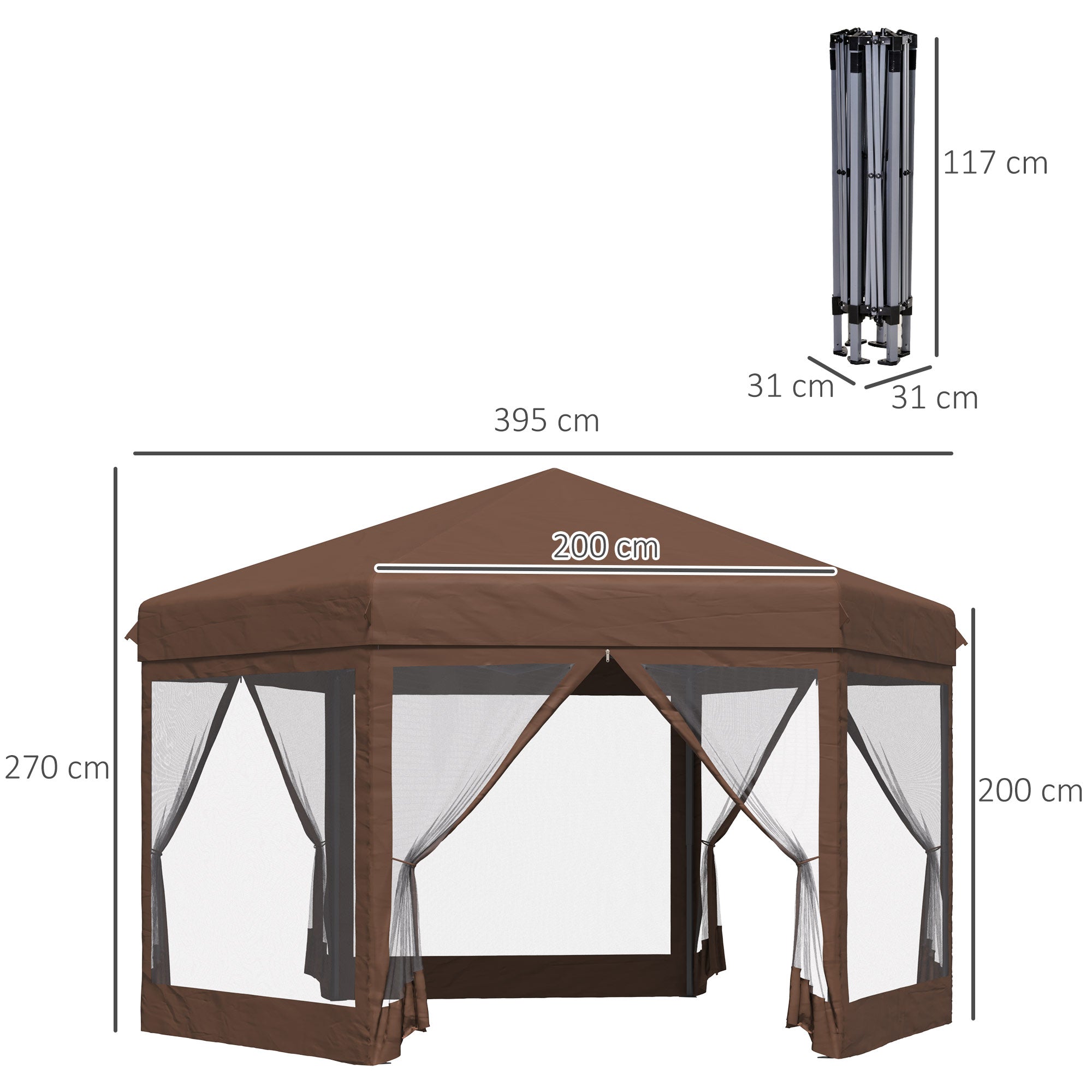 Outsunny 3.5m x 4m Hexagonal Pop Up Gazebo, Canopy Tent Sun Shelter for Patio Outdoor Party, Height Adjustable, with Mosquito Netting and Carry Bag - Brown - North Peak Garden Furniture