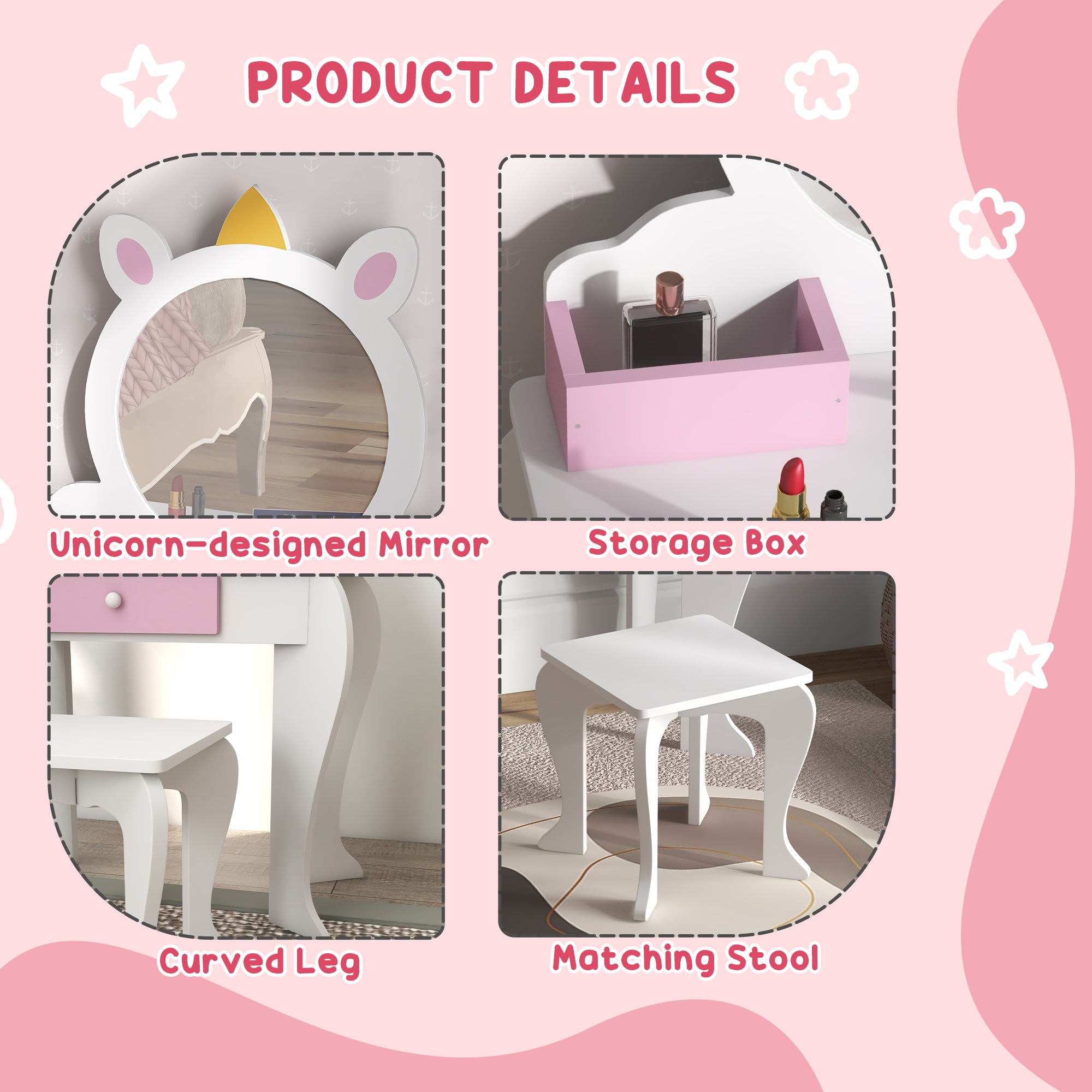 ZONEKIZ Unicorn-Design Kids Dressing Table, with Mirror and Stool - White - North Peak Garden Furniture