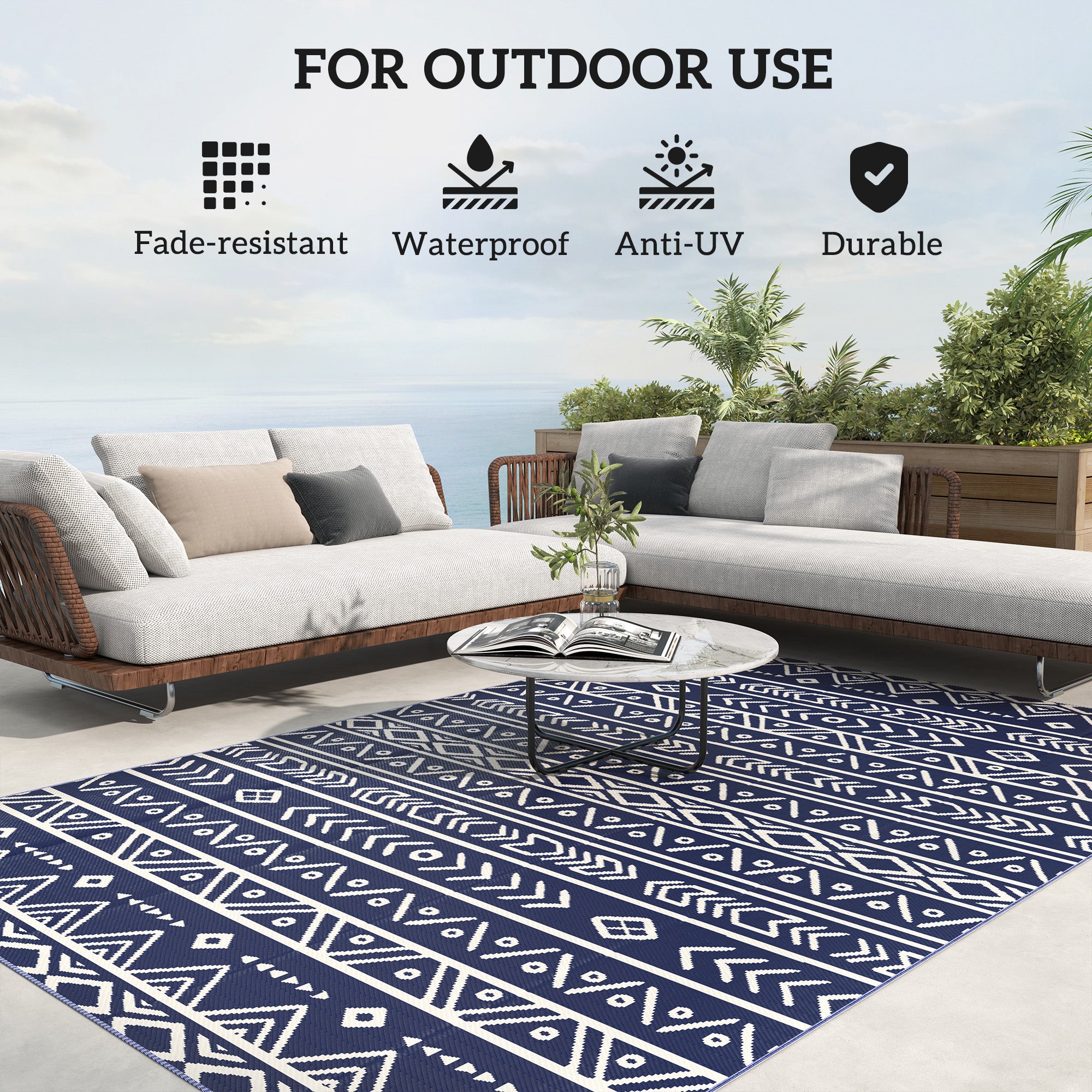 Outsunny Reversible Outdoor Rug with Carry Bag, Waterproof Plastic Straw Mat for Garden, Deck, RV, Picnic, Beach, Camping, 182 x 274cm, Dark Blue and White - North Peak Garden Furniture
