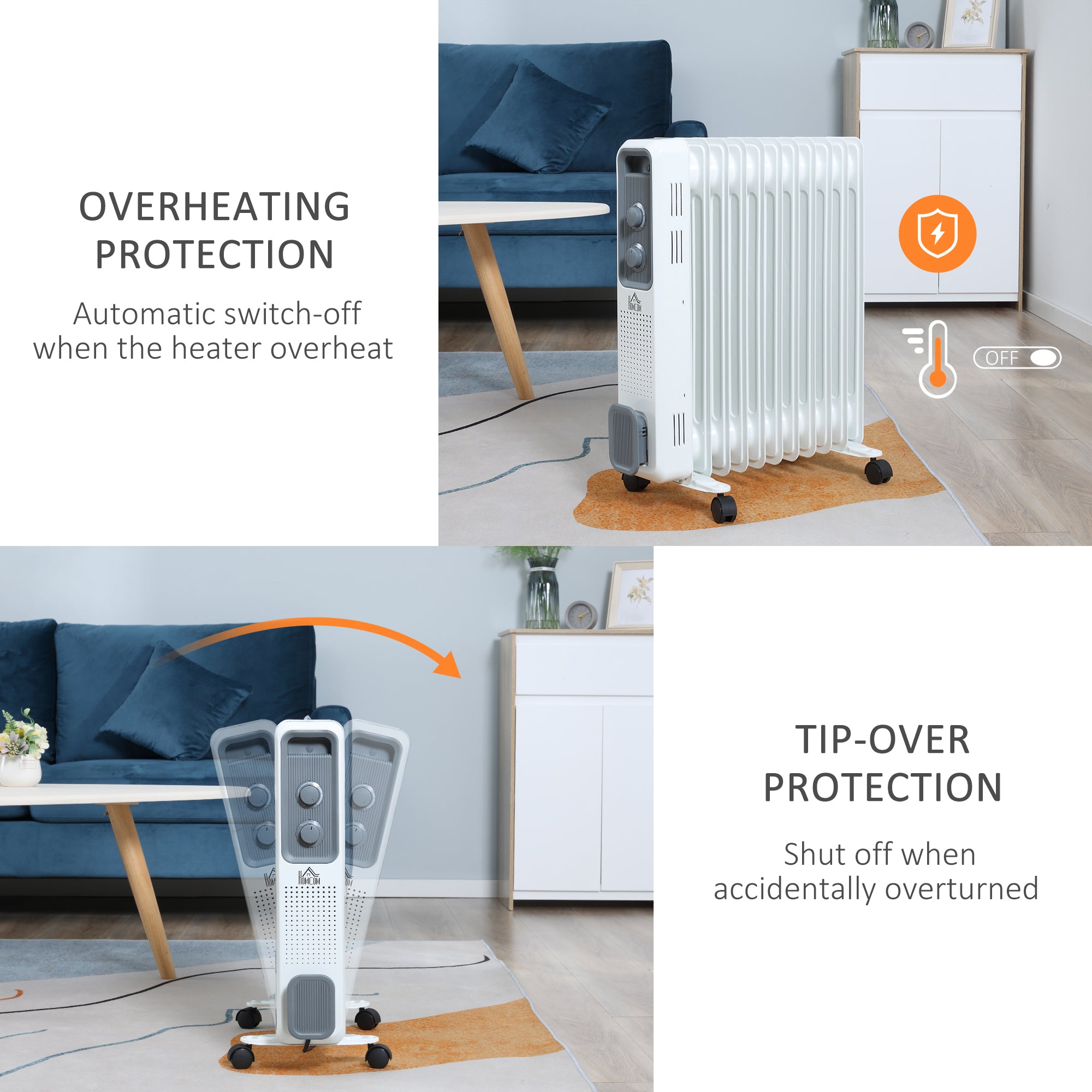 HOMCOM 2500W Oil Filled Radiator, 11 Fin, Portable Electric Heater with 3 Heat Settings, Safety Cut-Off and Wheels, White - North Peak Garden Furniture