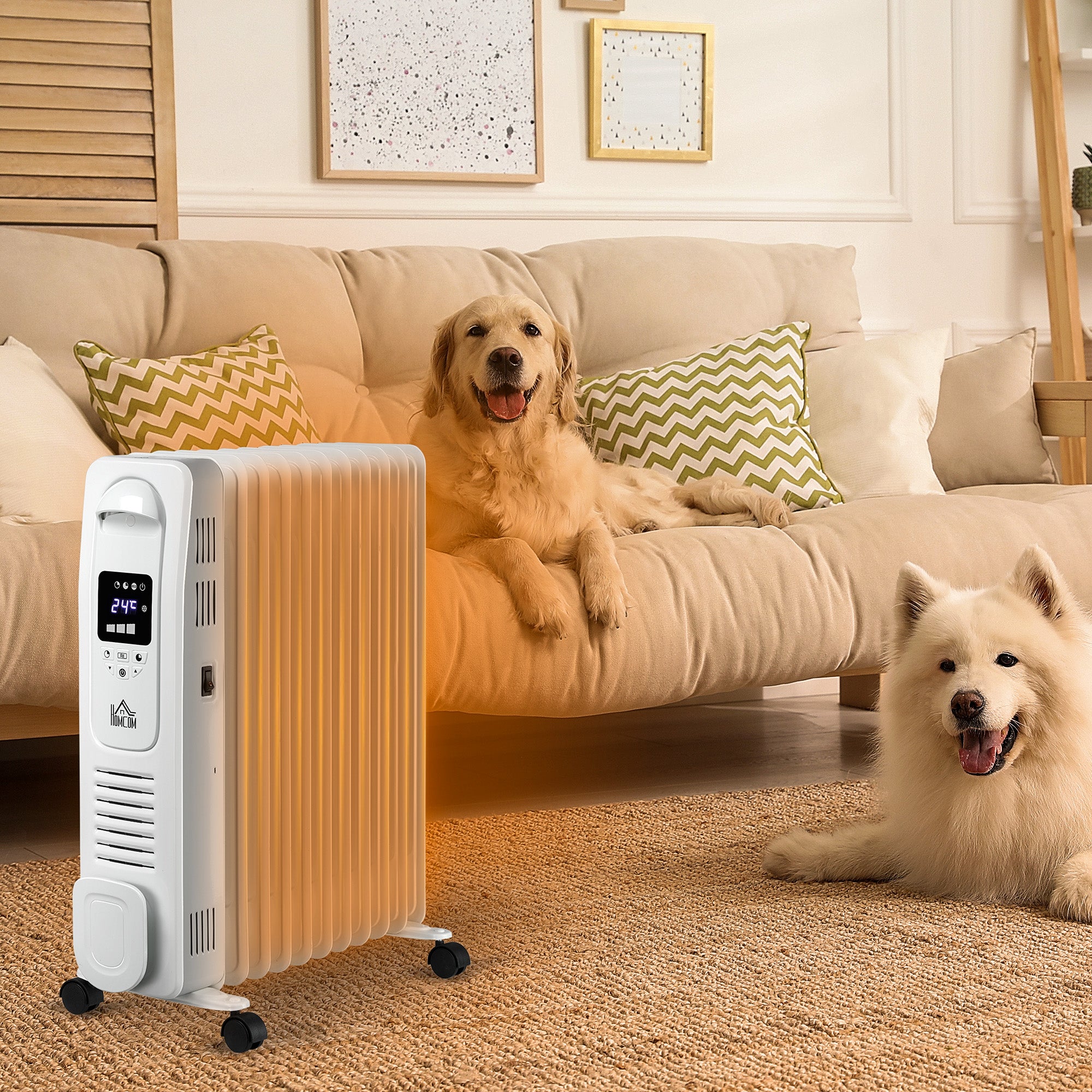 HOMCOM 2500W Digital Display Oil Filled Radiator, 11Fin Portable Electric Heater with Timer, Adjustable Thermostat, Three Heat Settings, Safety Cut Off, Remote, White - North Peak Garden Furniture
