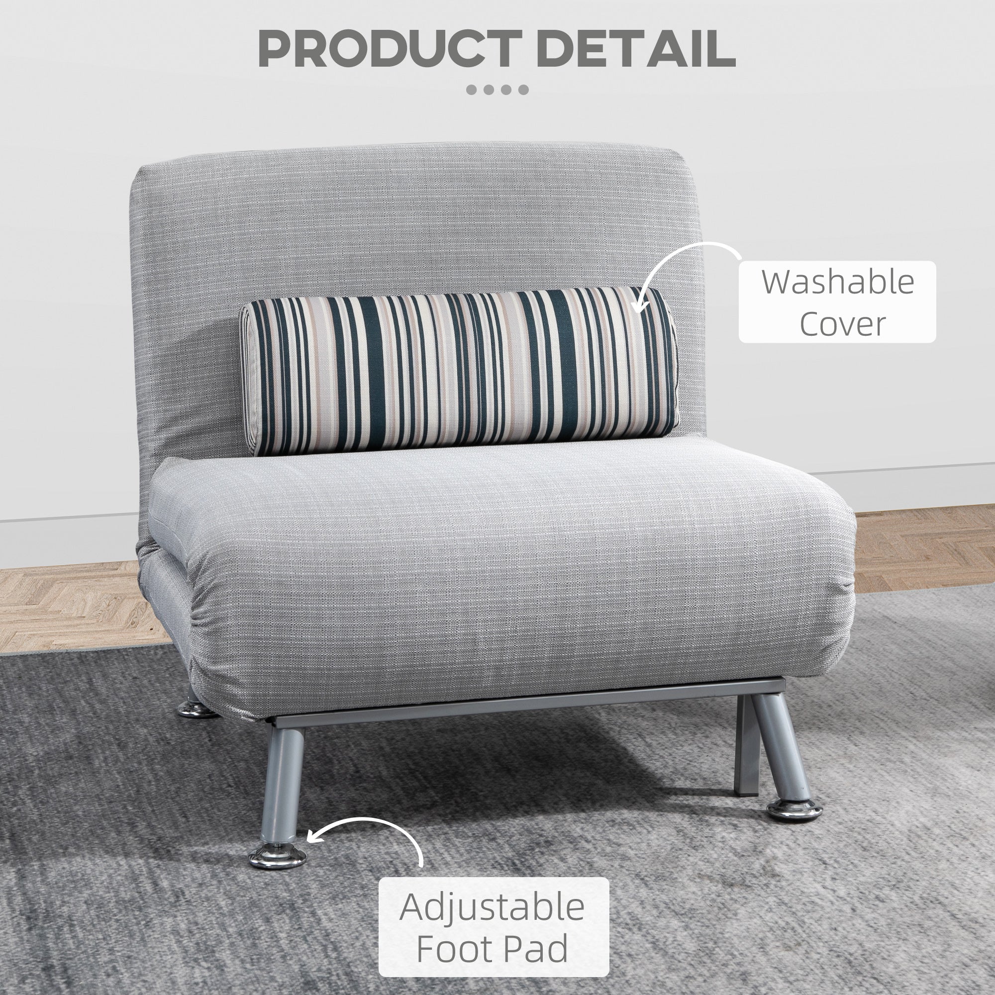 HOMCOM Single Sofa Bed, 1 Person Sleeper Foldable Lounge with Pillow, Grey - North Peak Garden Furniture
