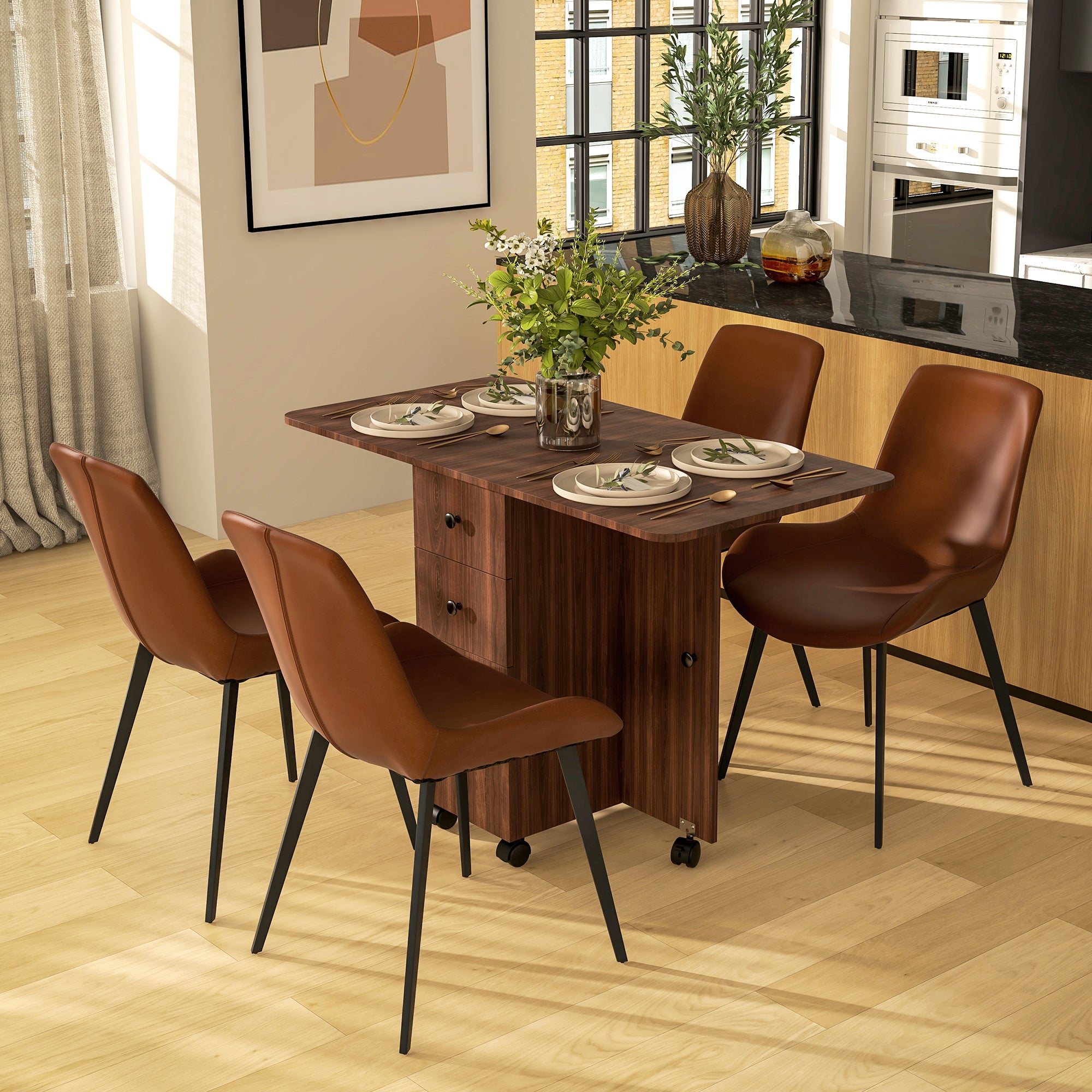 HOMCOM Multi-Storage Six-Person Drop Leaf Dining Table - Distressed Brown - North Peak Garden Furniture