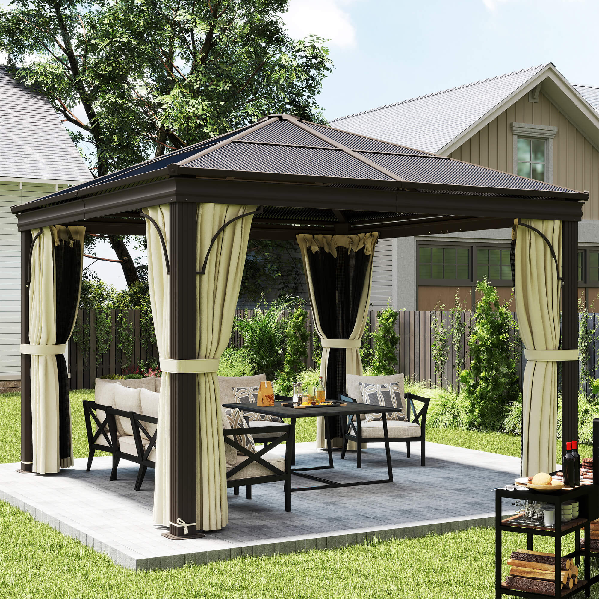 Outsunny 3x3 m Gazebo W/Mosquito Net-Brown/Black/Beige - North Peak Garden Furniture